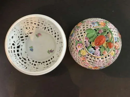 Herend Porcelain Reticulated Potpourri Open Work Lattice Covered Bowl With Strawberry Finial photo for sale