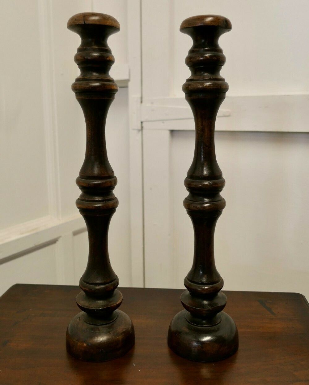 Pair Of Tall French Turned Wooden Wig Stands, Shop Display Hats