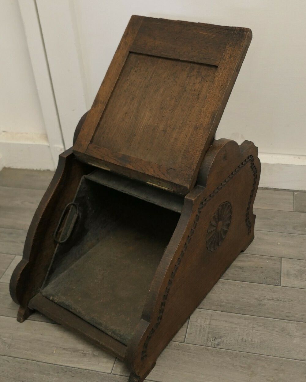 A Carved Arts And Crafts Oak Coal Box With Liner And Shovel photo Home Fixtures