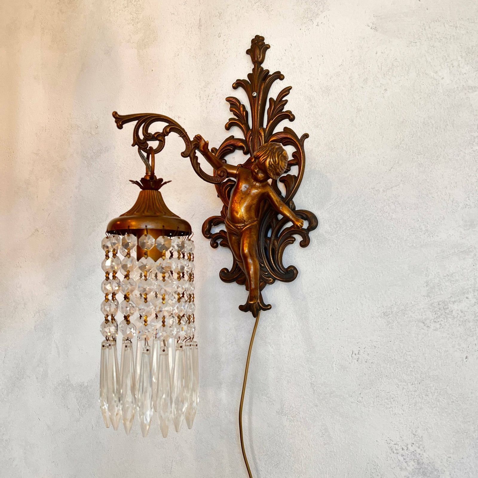 Unique French Cherub/Putti/Angel Wall Sconce, Crystals Lampshade, Home Lighting, Interior Design photo for sale