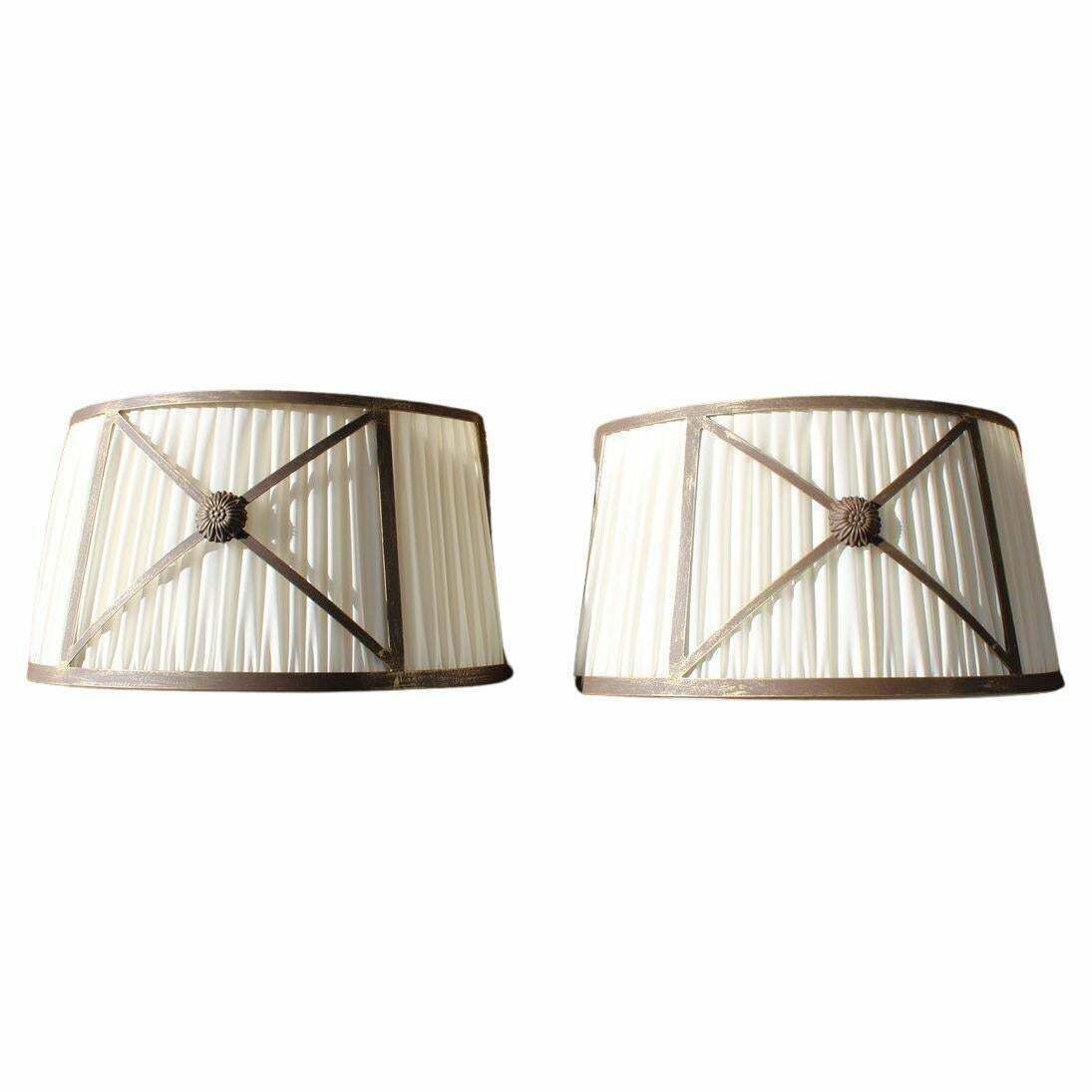 Classic Pair Of Curved Wall Lamps In Silk And Brass Parts 1970s Italy