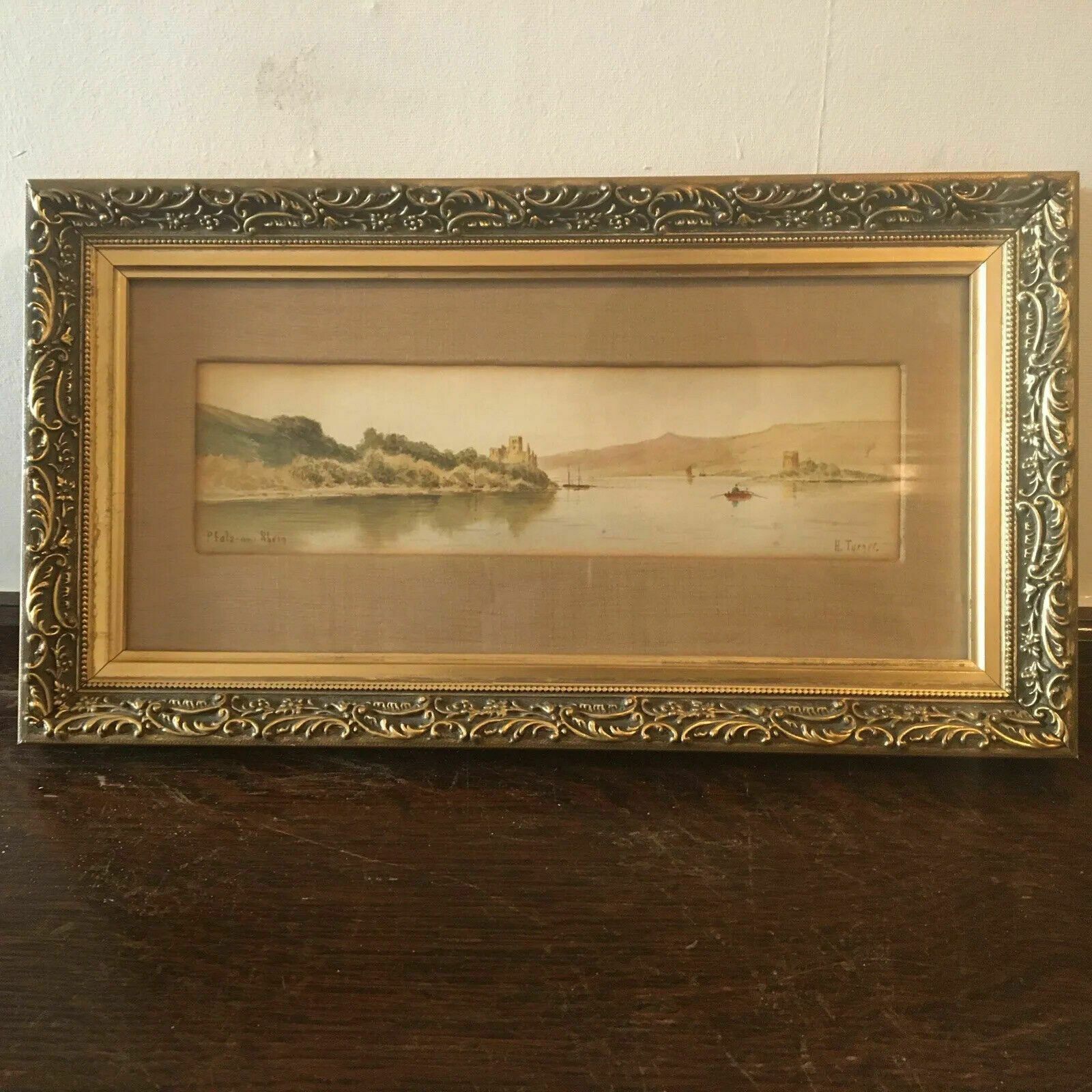Charles Henry Turner Antique Watercolour Landscape Painting 1880s Rhein Framed photo vintage