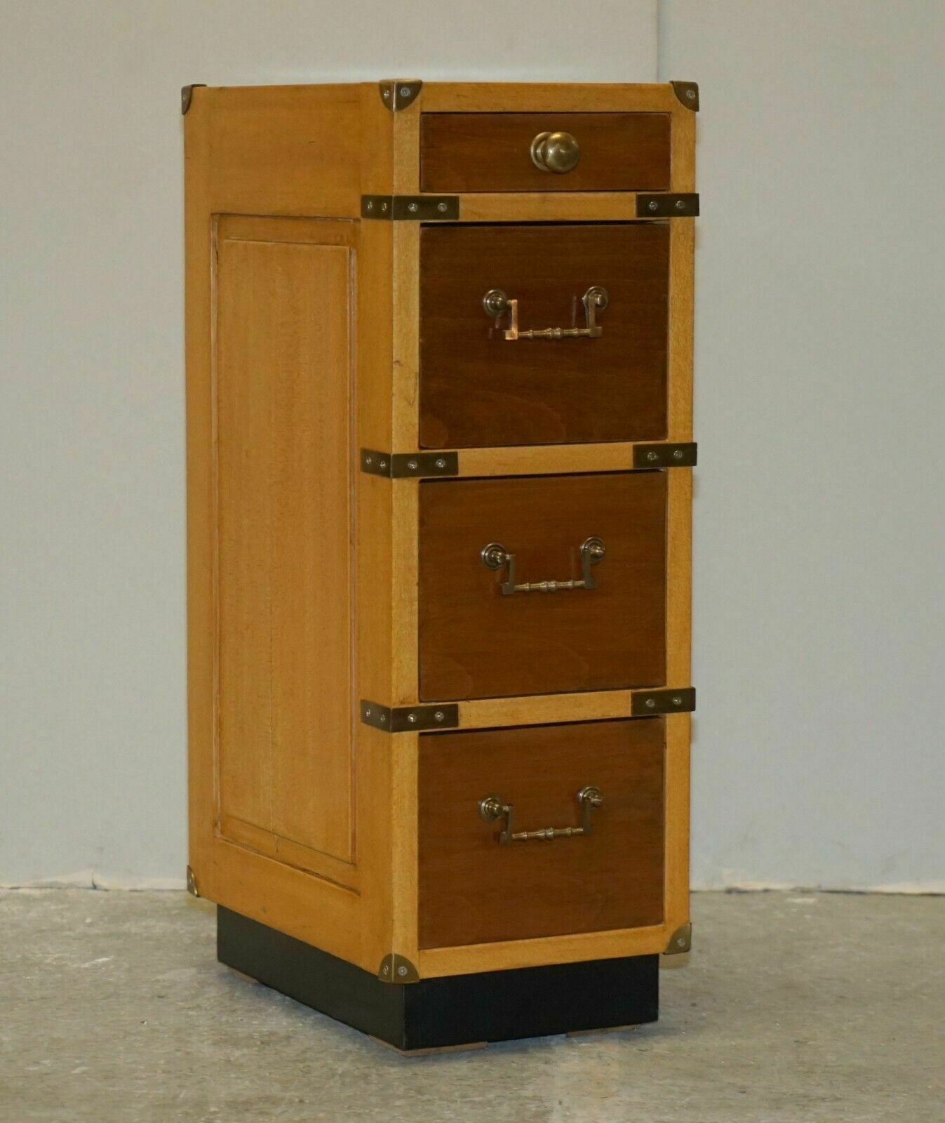 photo vintage Pair Of Tall Slim Vintage Military Campaign Side End Lamp Wine Table Drawers