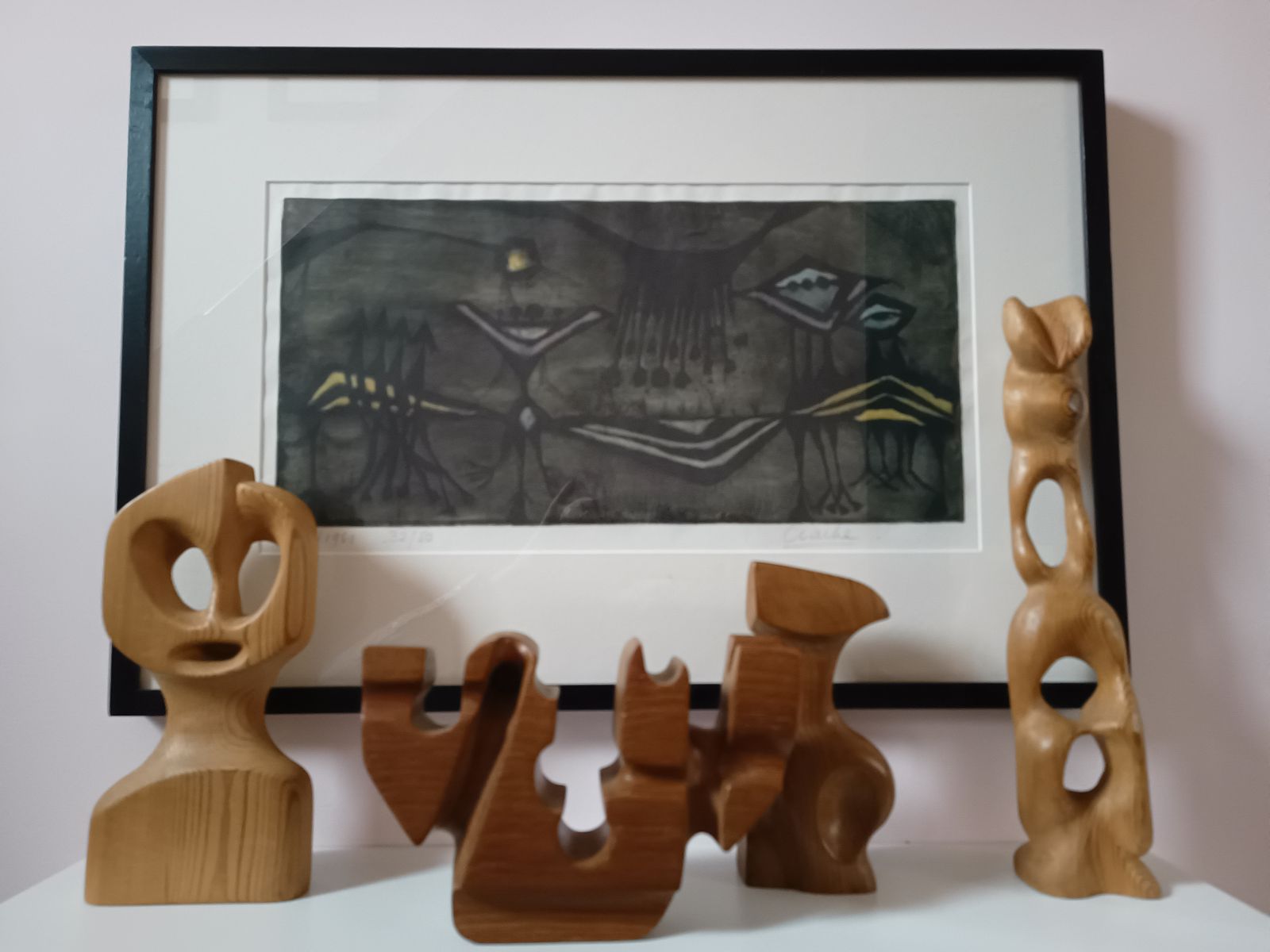 Set Of 4 Mcm Carved Wooden Sculptures Signed And Dated By Artist British 1970s Brian Wilsher Style