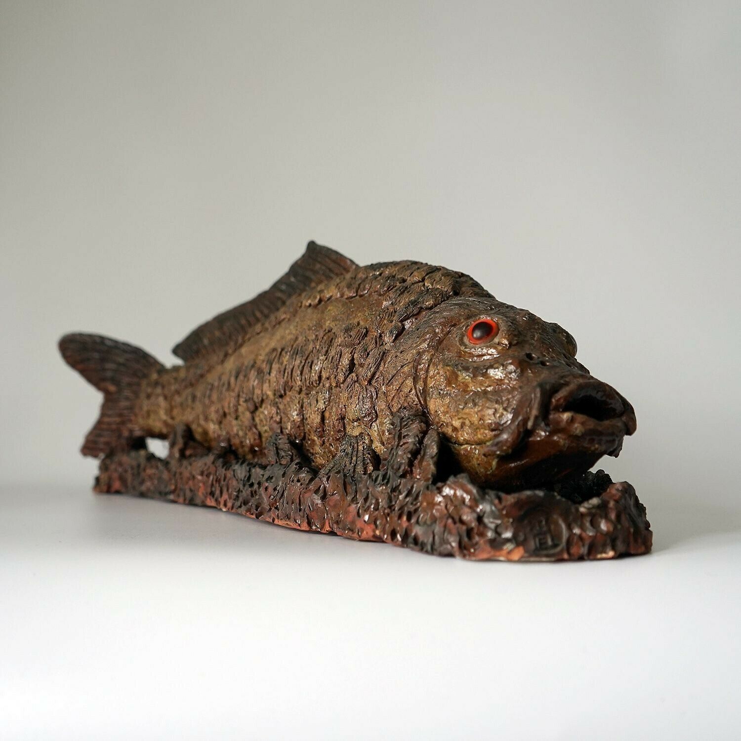 Large Antique Glazed Studio Pottery Ceramic Fish Sculpture, C. 1900 Terracotta Figure photo 195.0