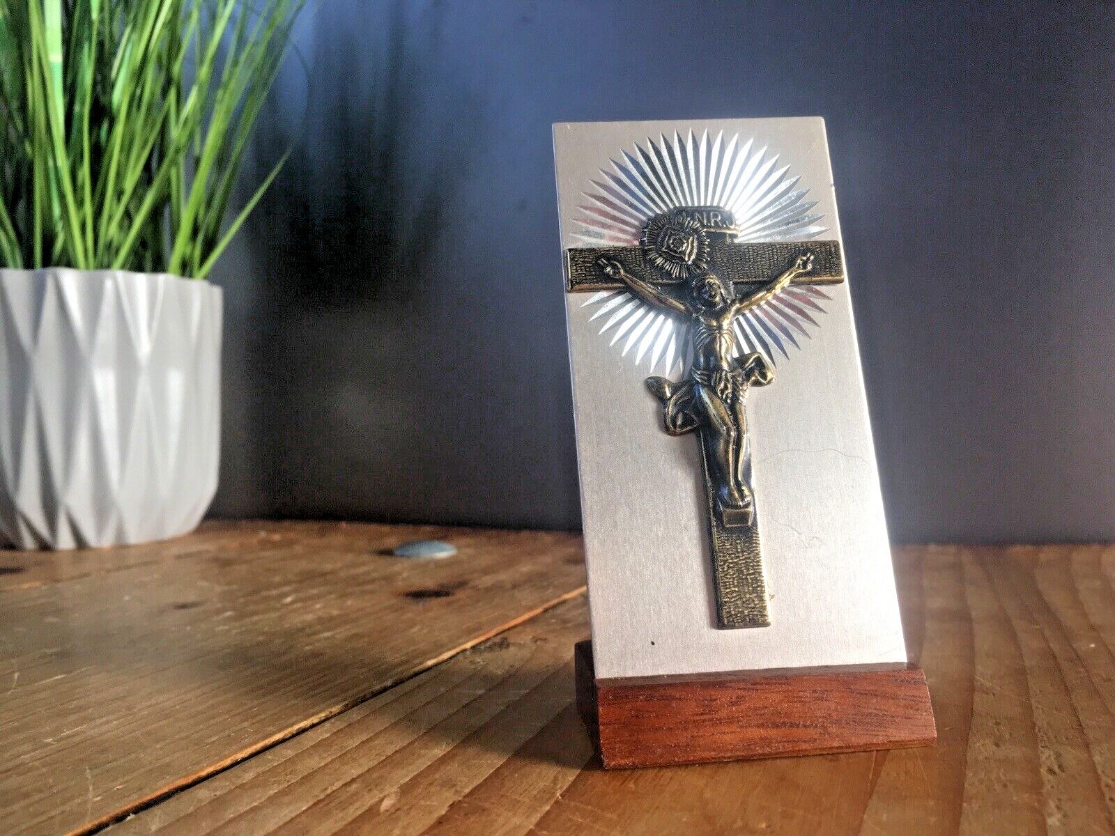 Mid Century Aluminium Teak Icon Desk Item Crucifix Church Cross Jesus Inri Inrj