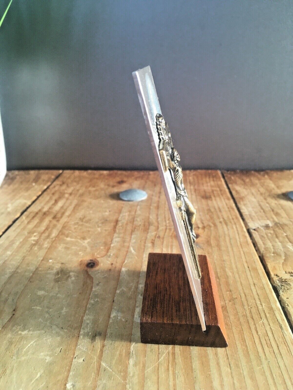Mid Century Aluminium Teak Icon Desk Item Crucifix Church Cross Jesus Inri Inrj photo for sale