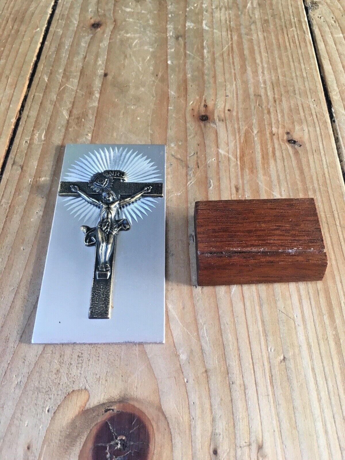 Mid Century Aluminium Teak Icon Desk Item Crucifix Church Cross Jesus Inri Inrj photo 50.0