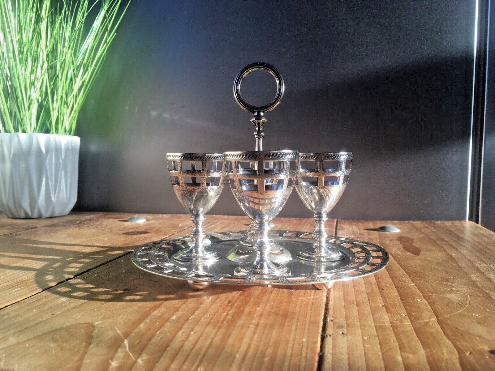 Antique C1854 66 Epns Martin Hall & Co Sheffield 4 Basket Egg Cup Set On Stand photo for sale