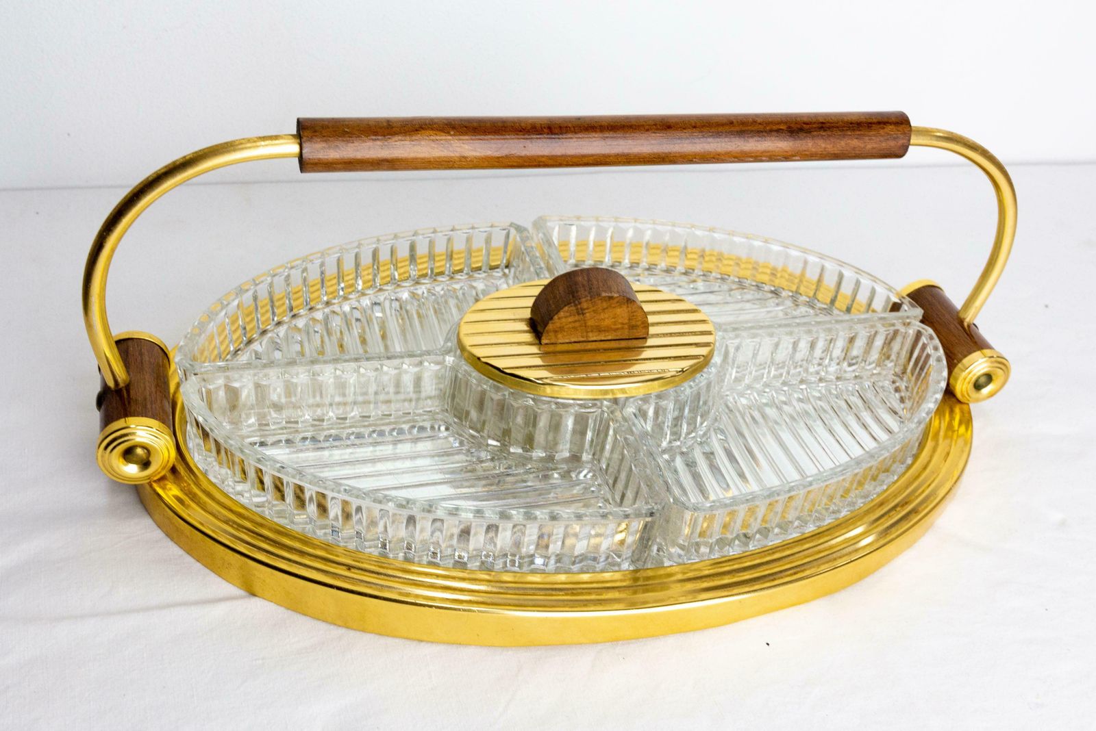 French Mirror Glass Brass & Wood Service Five Bowls Art Deco Style, C. 1960 photo furniture