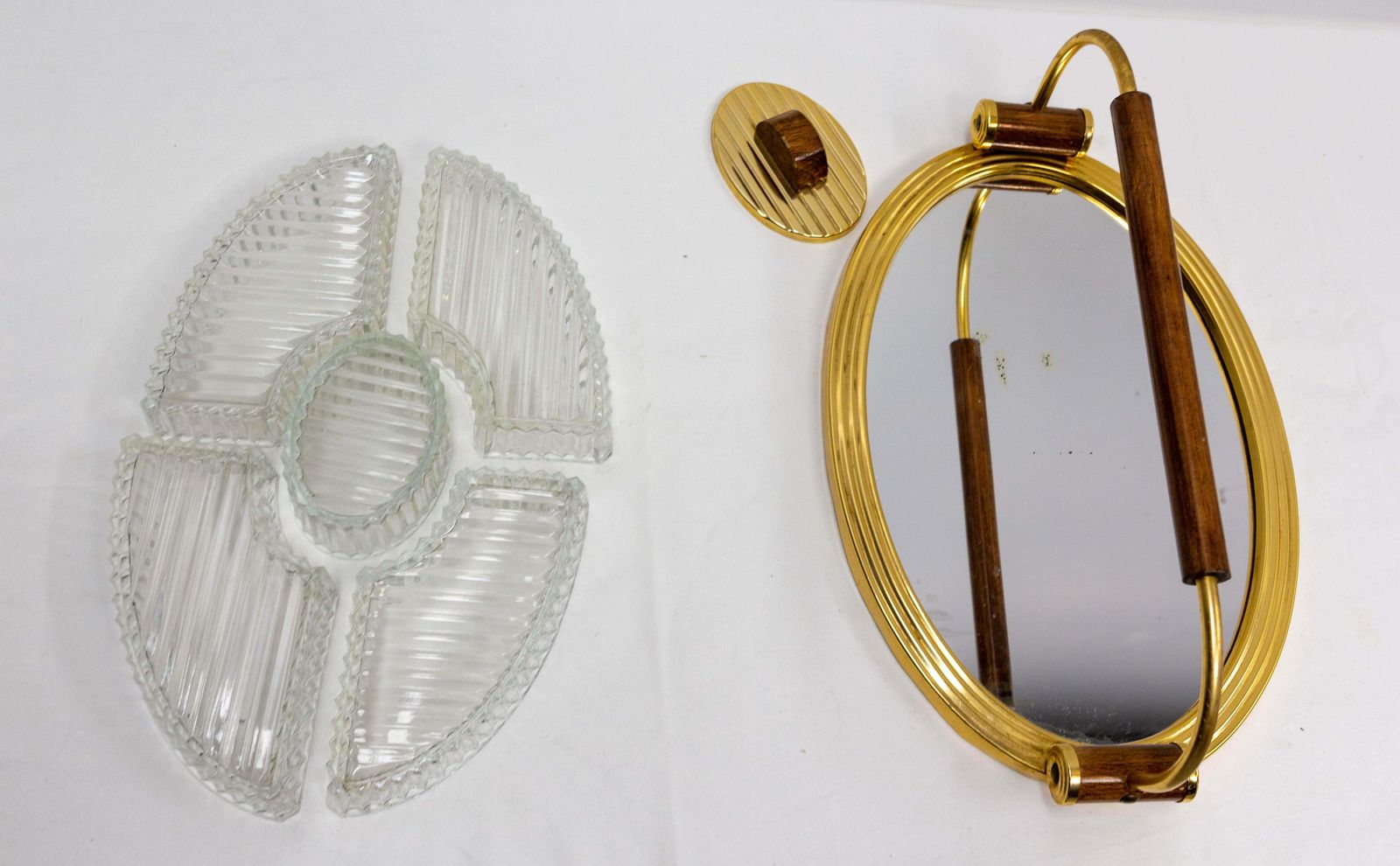 French Mirror Glass Brass & Wood Service Five Bowls Art Deco Style, C. 1960 photo 318.0
