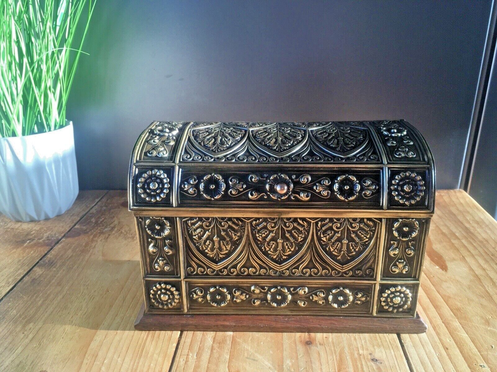 Exceptional Ornate Antique Oak Brass Dome Chest Desk Letter Rack Stationary Box photo vinterior