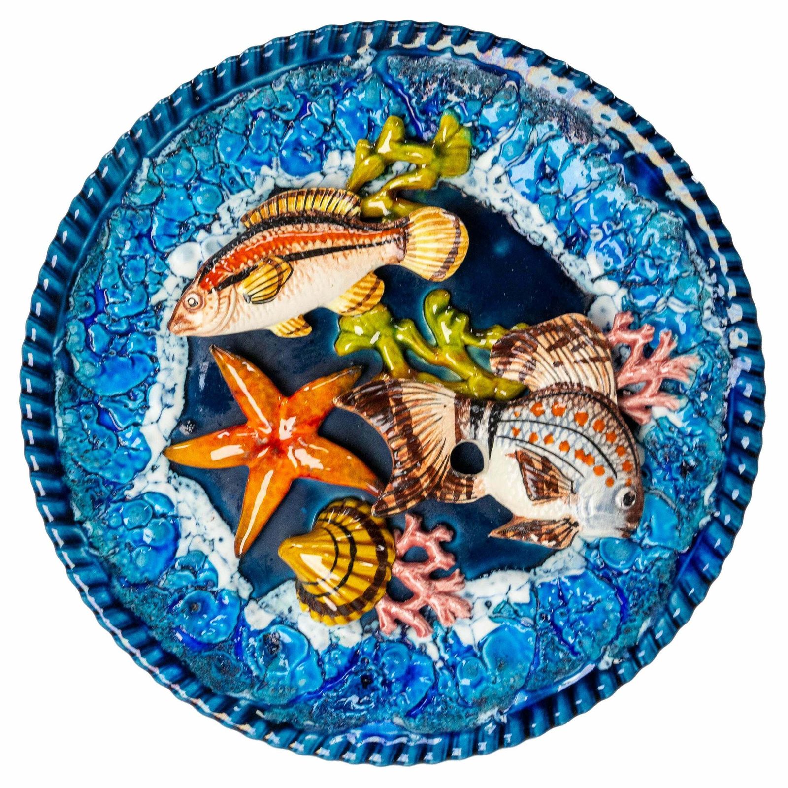 Barbotine Hand Painted Seafood Faience Plate, France, Mid Century