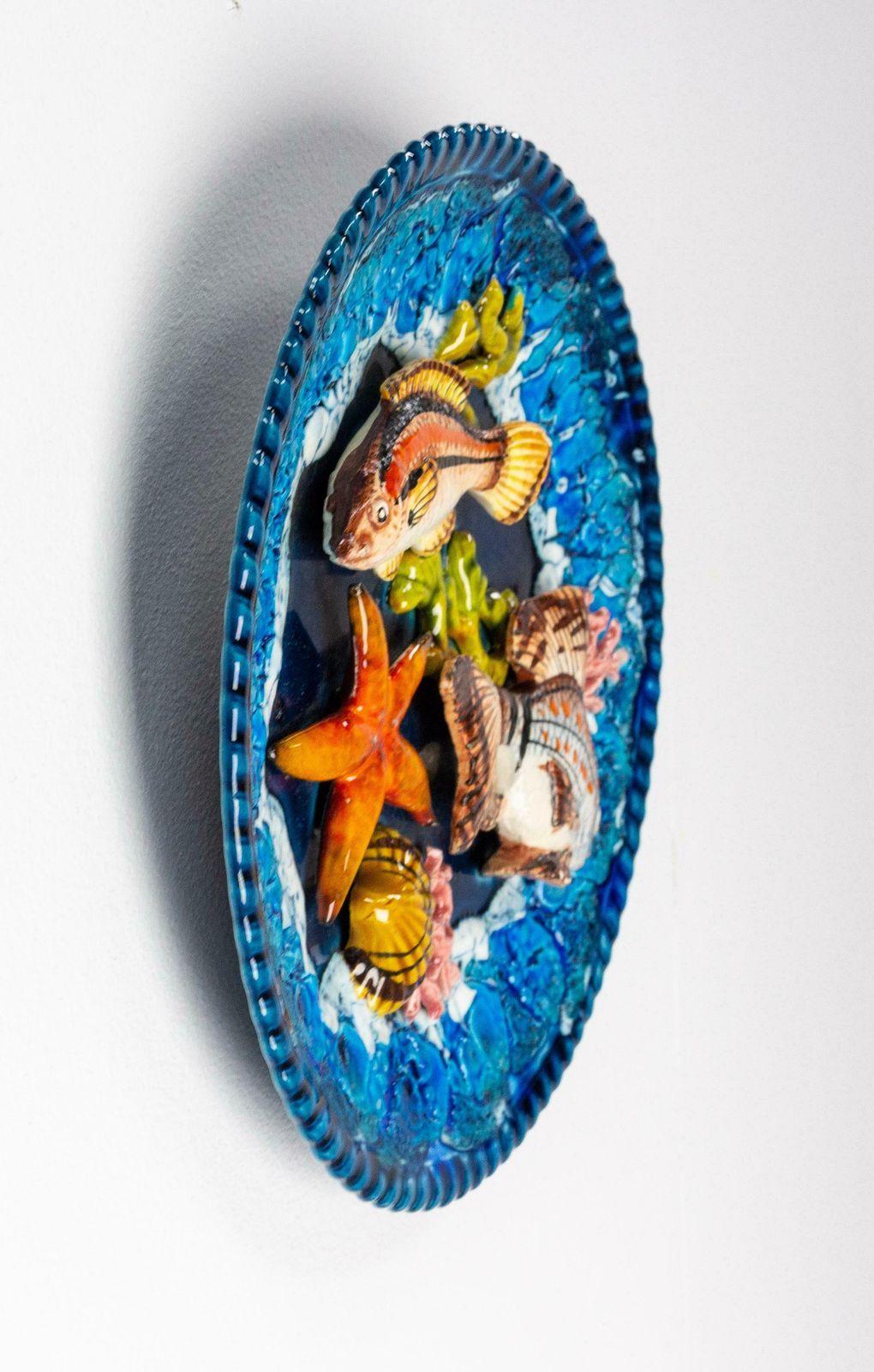 Barbotine Hand Painted Seafood Faience Plate, France, Mid Century photo Home Decor