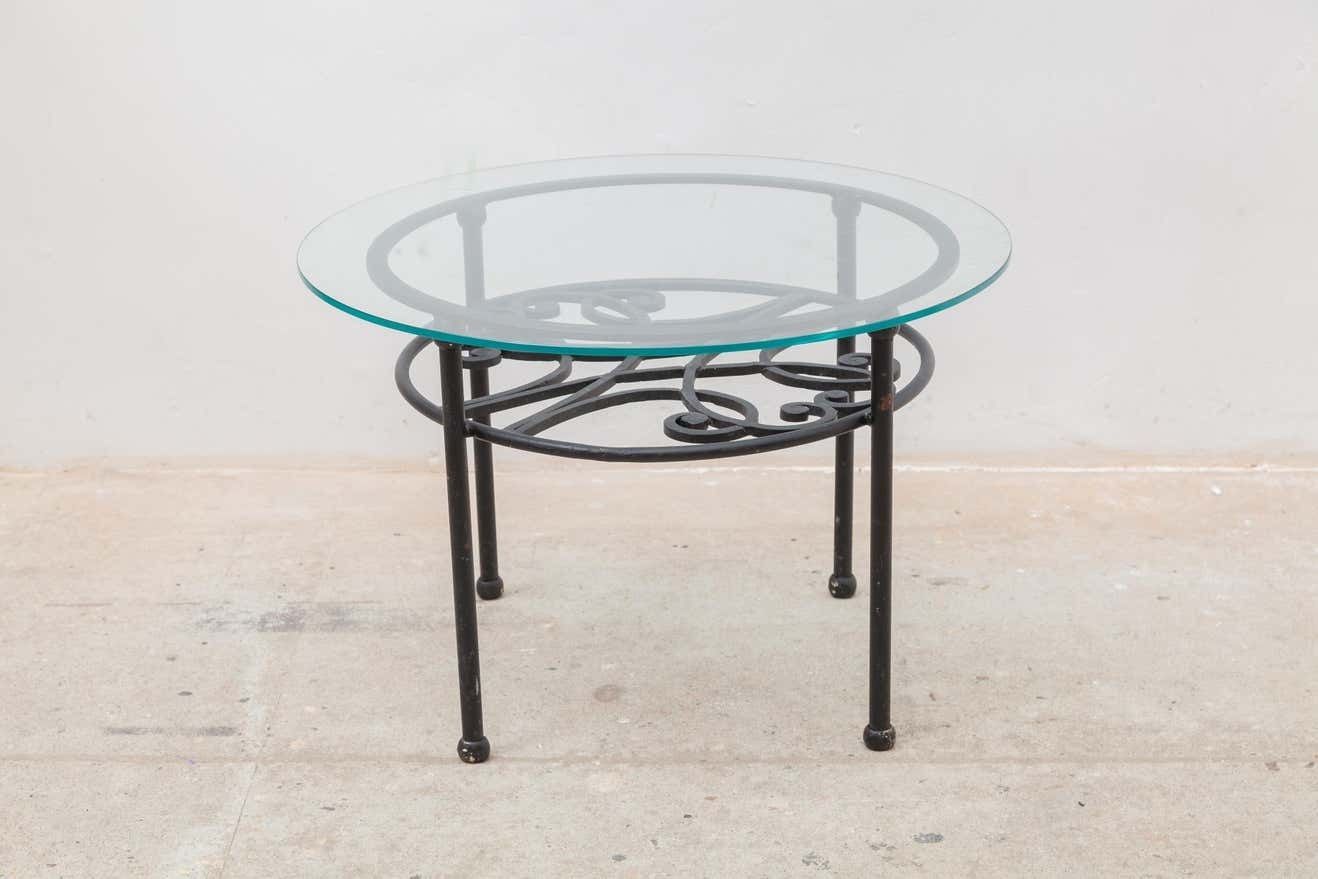 Wrought Iron Round Coffee Table, Glass Top 1960s France photo furniture