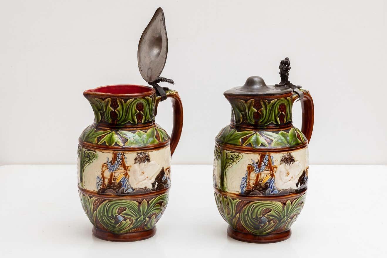 Set Of Two Majolica Jugs, Nimy Faiences Imperiale Belgium photo for sale