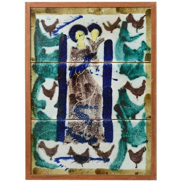 Tile Tableau With A Scene Of A Mother And Child Attributed By Vallauris, France