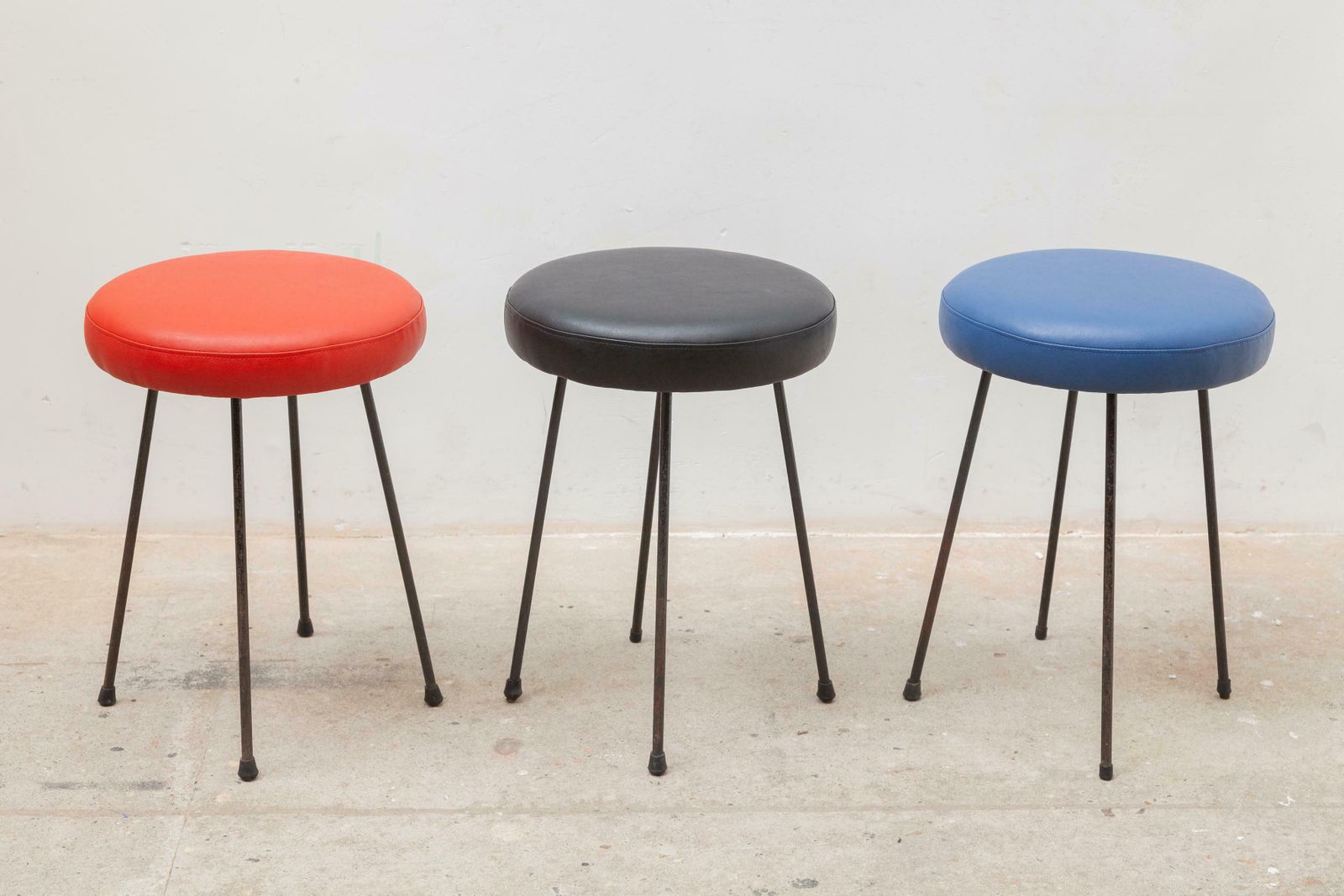 Black, Red And Blue Seats Low Bar Stools, 1950s France photo furniture