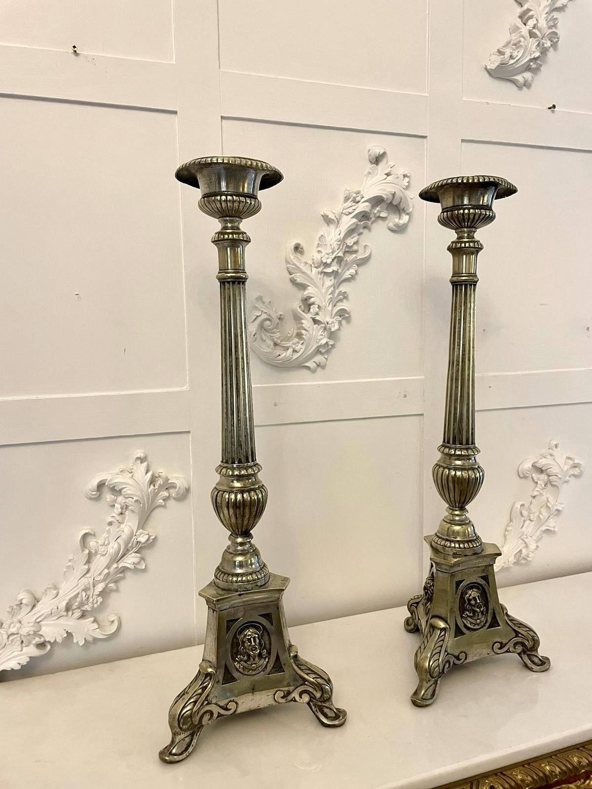 1395.0 Large Pair Of Antique 19th Century Quality Brass Candlesticks photo