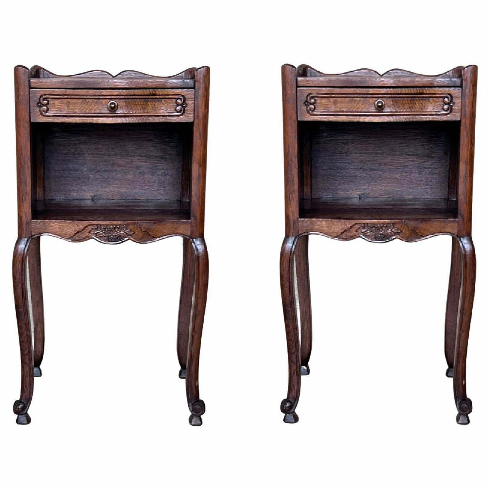 3115.0 20th Pair Of Dark Walnut Nightstands Tables With Drawer And Open Shelf photo