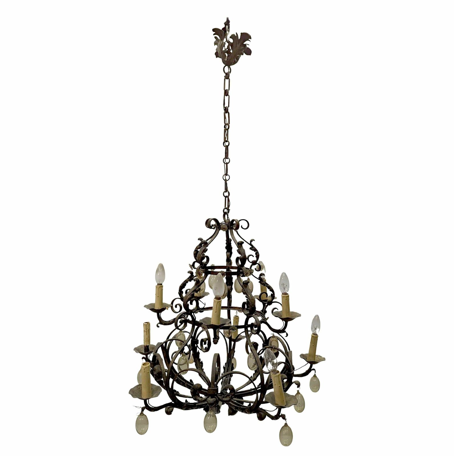 Wrought Iron And Blown Glass Chandelier, Early 20th Century