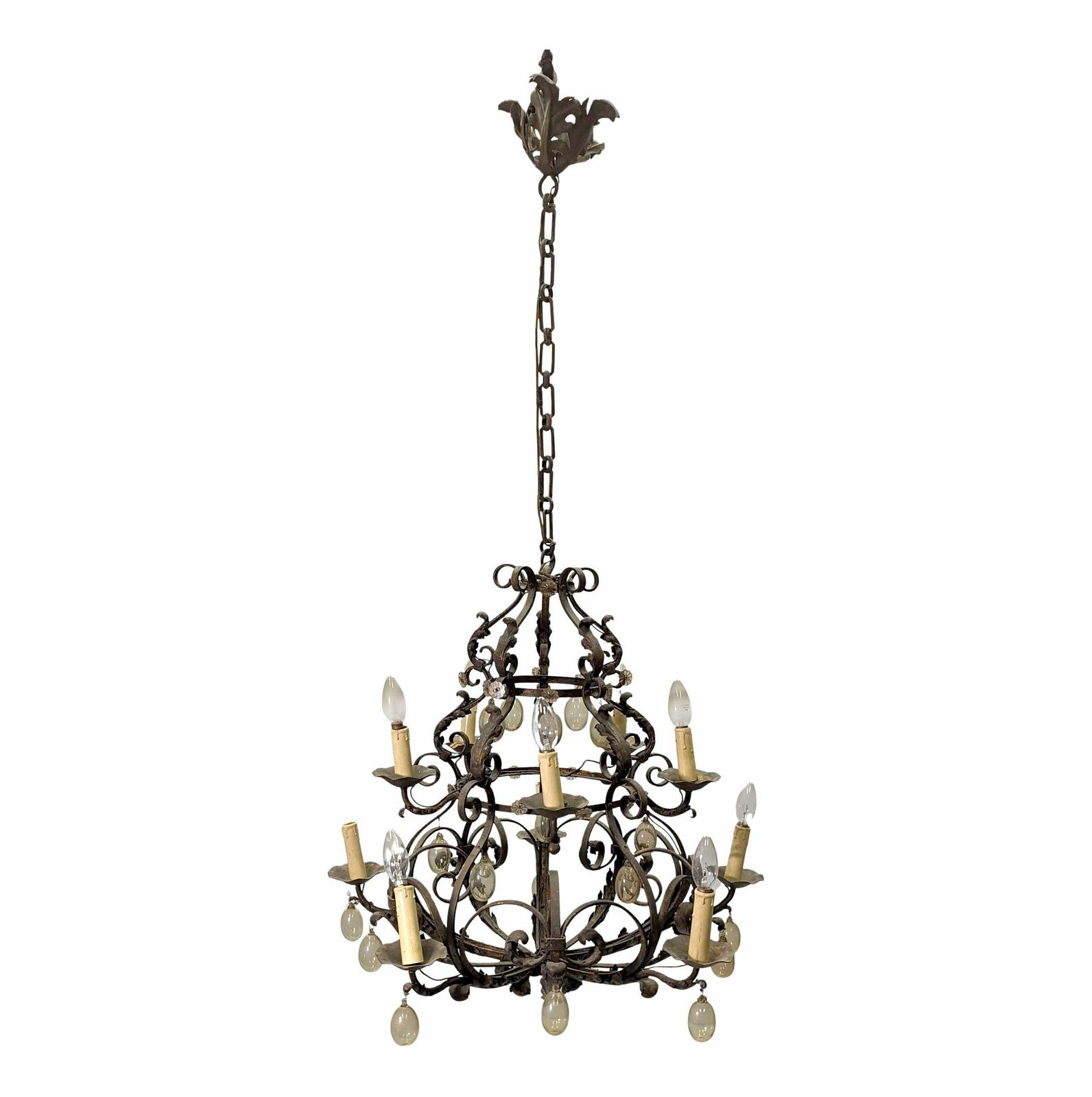 Wrought Iron And Blown Glass Chandelier, Early 20th Century photo Lighting
