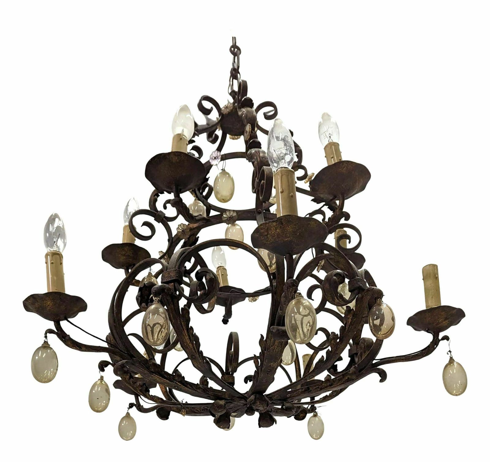 Wrought Iron And Blown Glass Chandelier, Early 20th Century photo vinterior