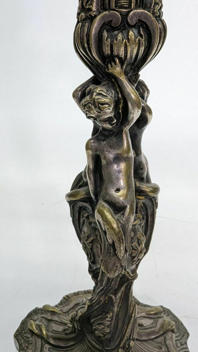 Pair Of Silvered Bronze Candlesticks With 19th Century Cherubs photo vintage