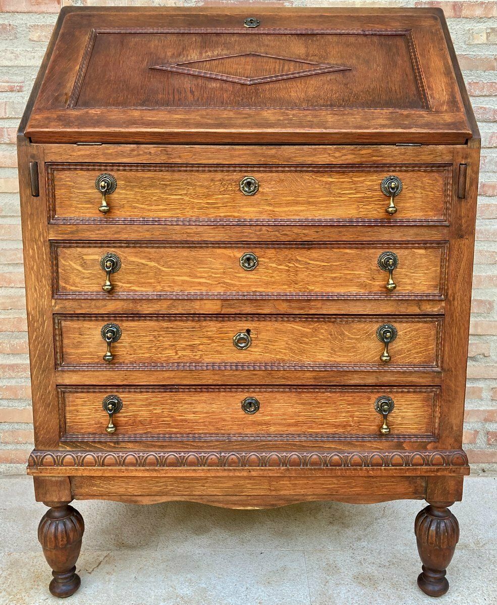 Vintage French Carved Secretaire In Oak 1940s