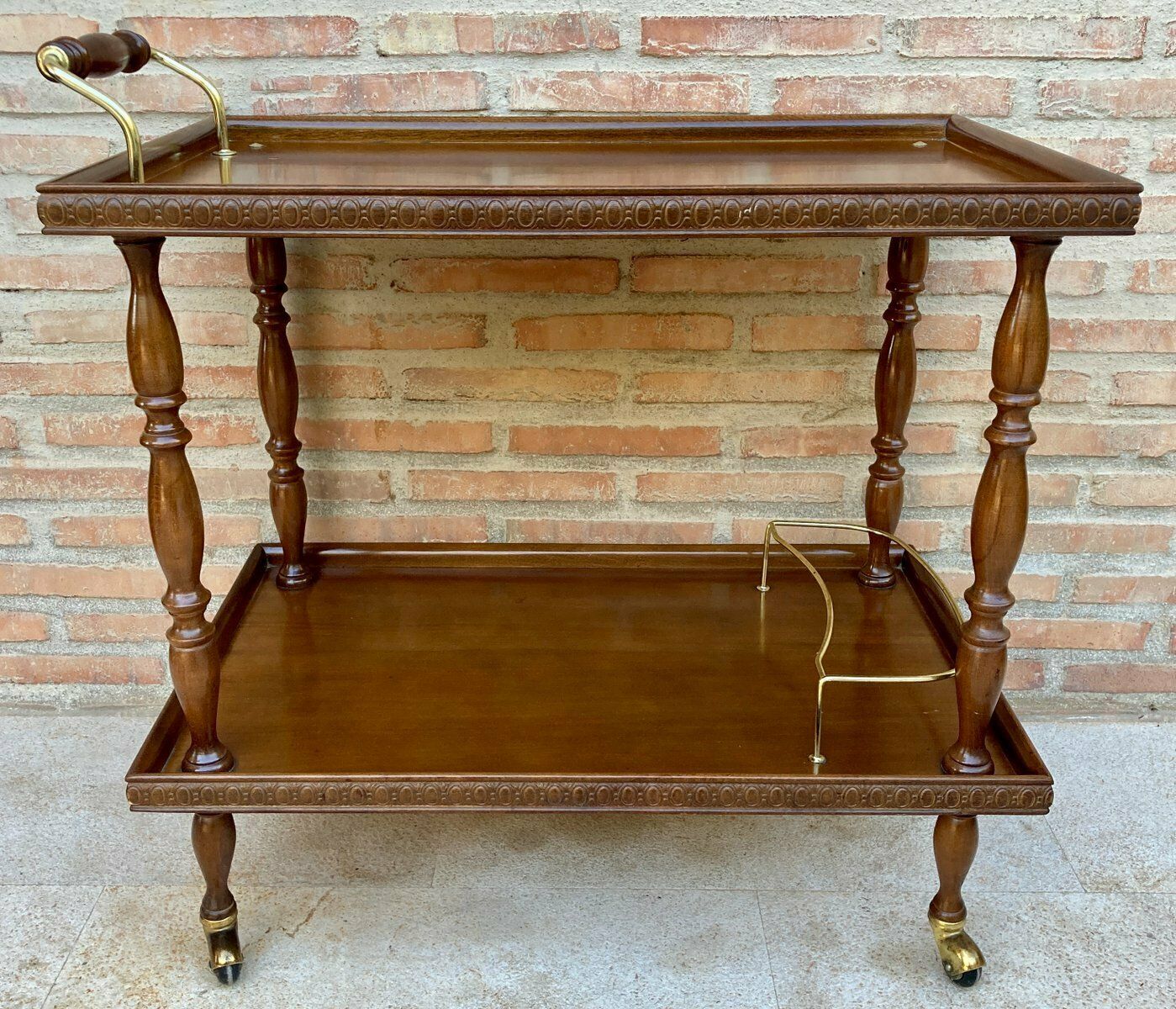 Mid Century French Mahogany And Brass Serving Bar Cart 1960s
