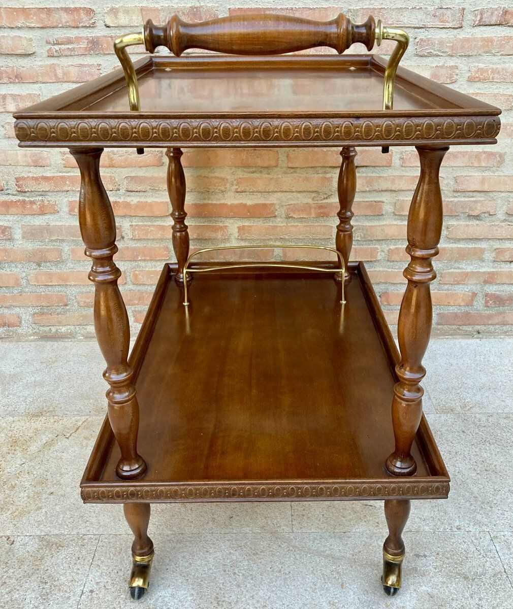 photo for sale Mid Century French Mahogany And Brass Serving Bar Cart 1960s