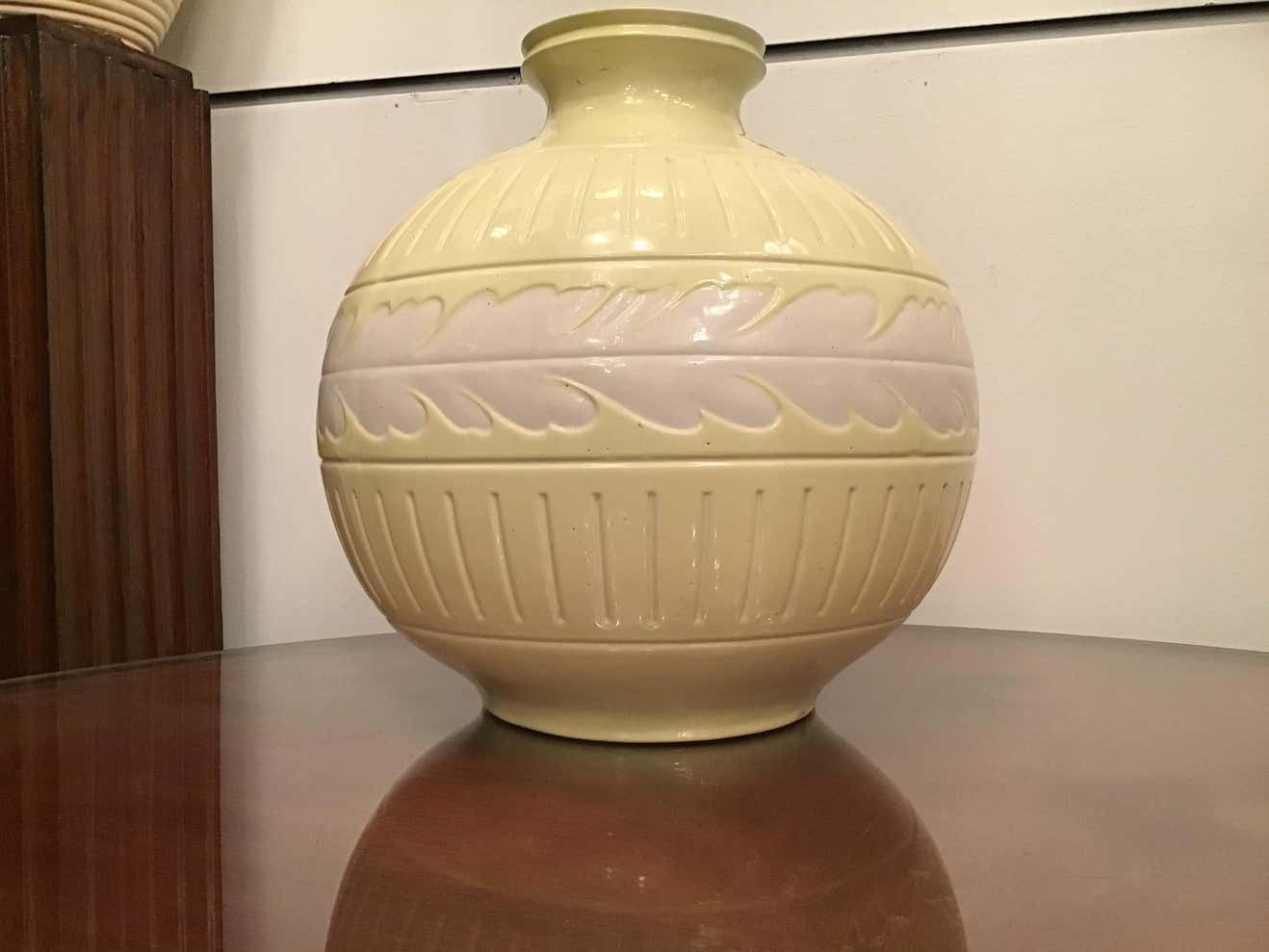 photo for sale Richard Ginori Giovanni Gariboldi Vase Yellow White Ceramic, 1945, Italy