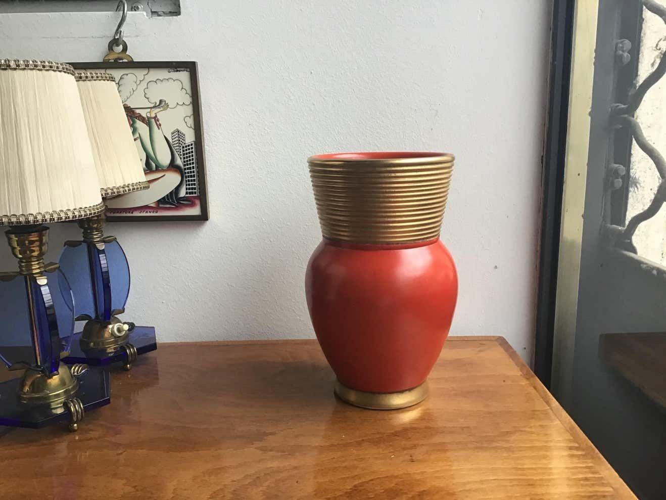 Gio Ponti Richard Ginori Vase Ceramic Gold Red, 1940, Italy photo Home Decor