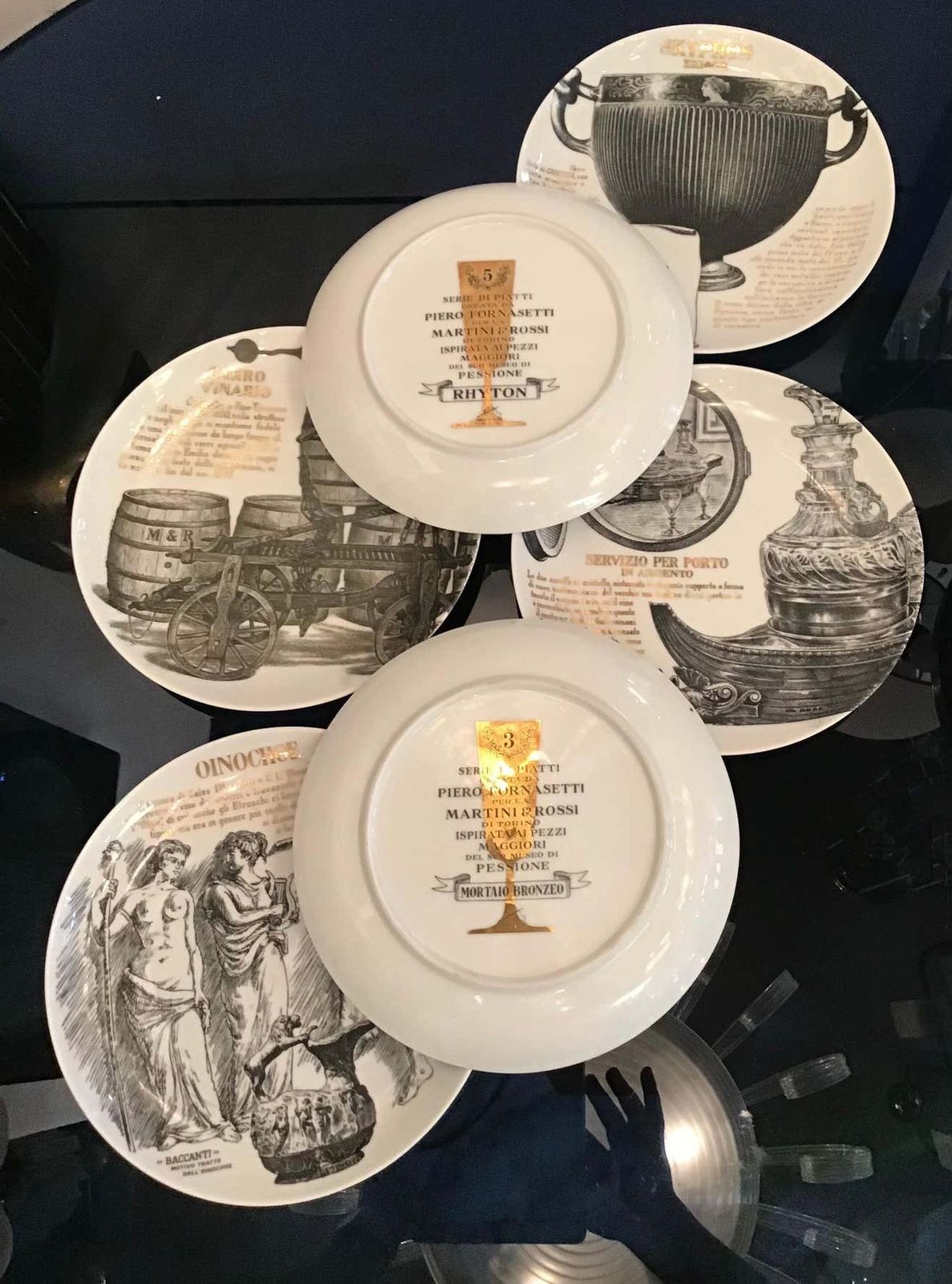 photo for sale Fornasetti Set Of 6 Plates For Martini And Rossi Porcelain, 1970, Italy