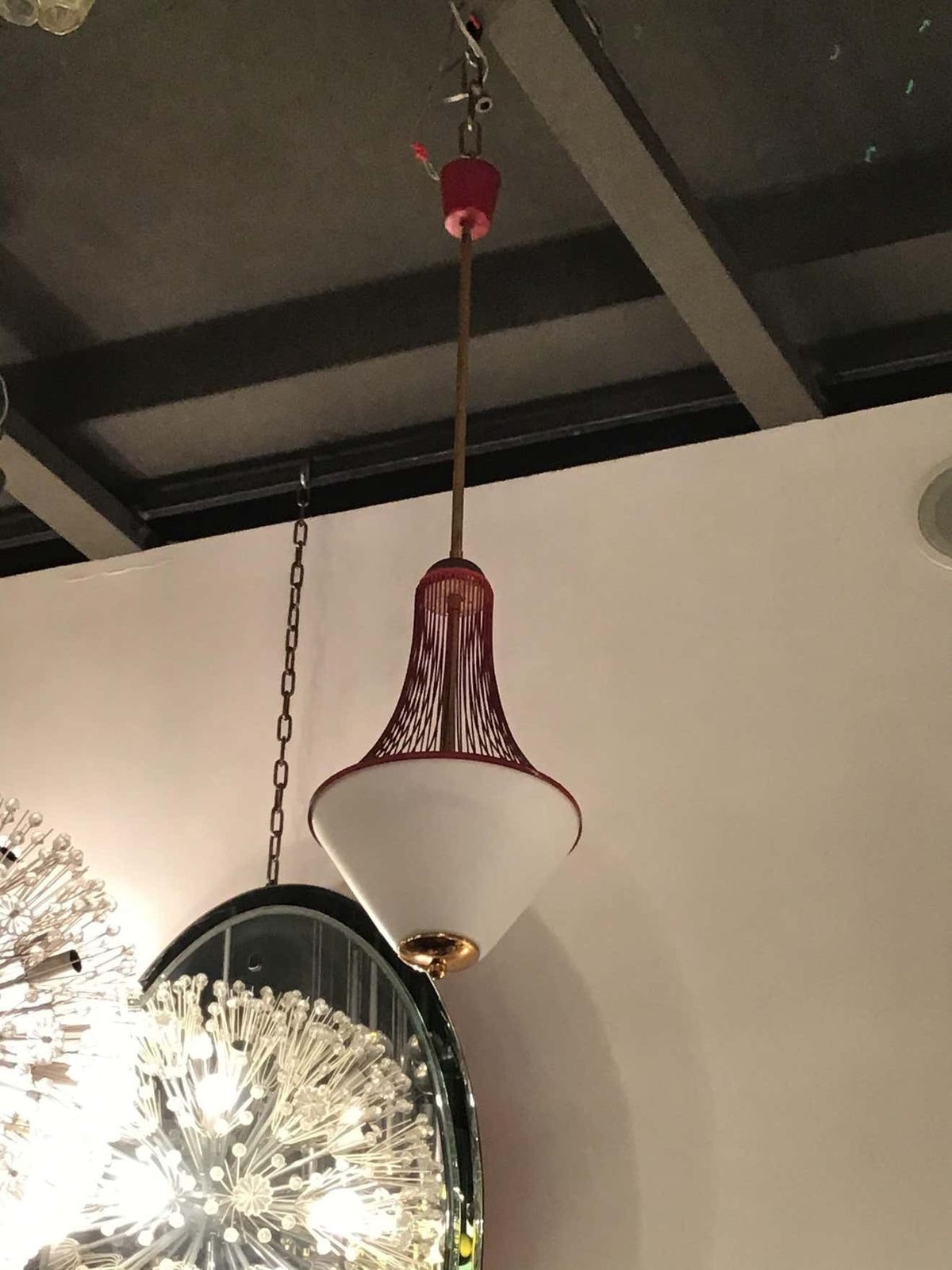 Stilnovo Chandelier Brass Opaline Glass Metal 1950 Italy photo furniture