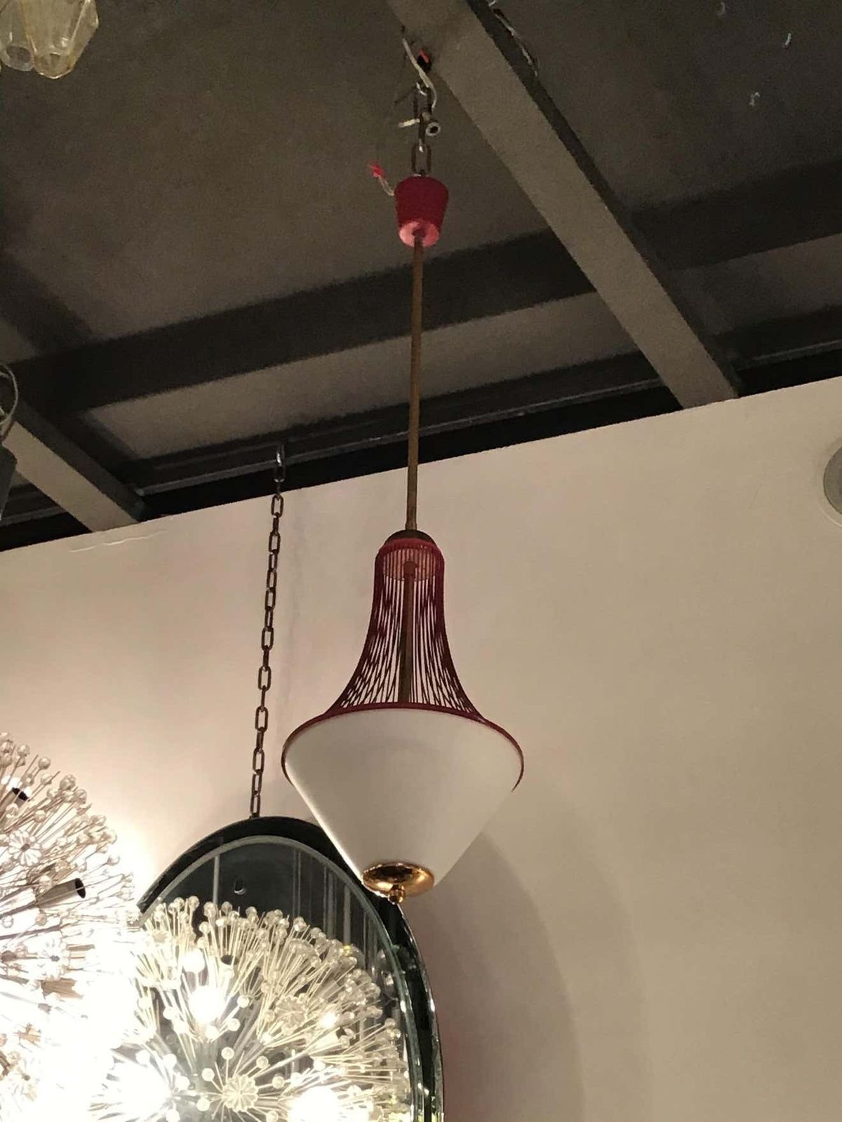 Stilnovo Chandelier Brass Opaline Glass Metal 1950 Italy photo for sale