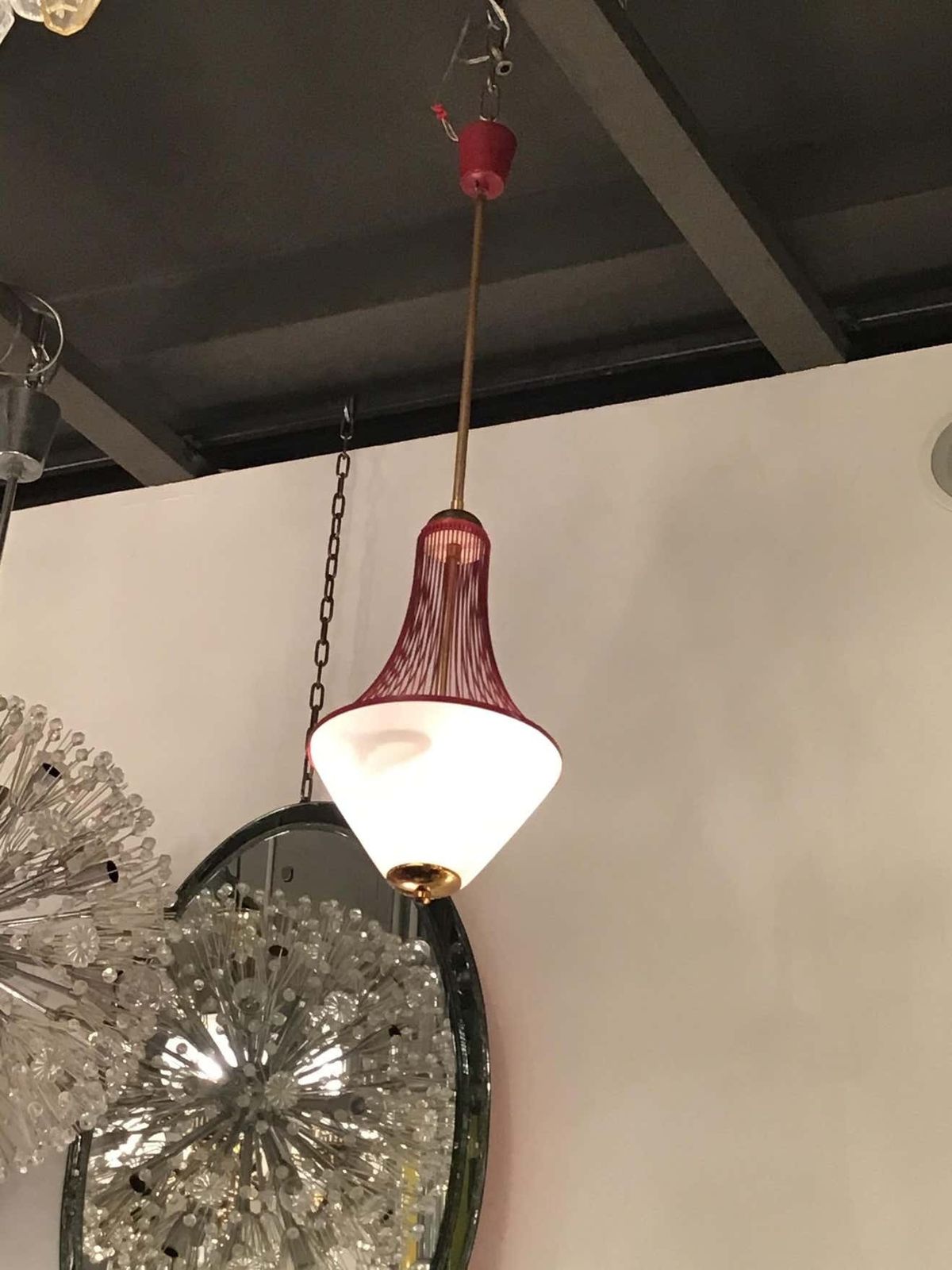 photo buy Stilnovo Chandelier Brass Opaline Glass Metal 1950 Italy