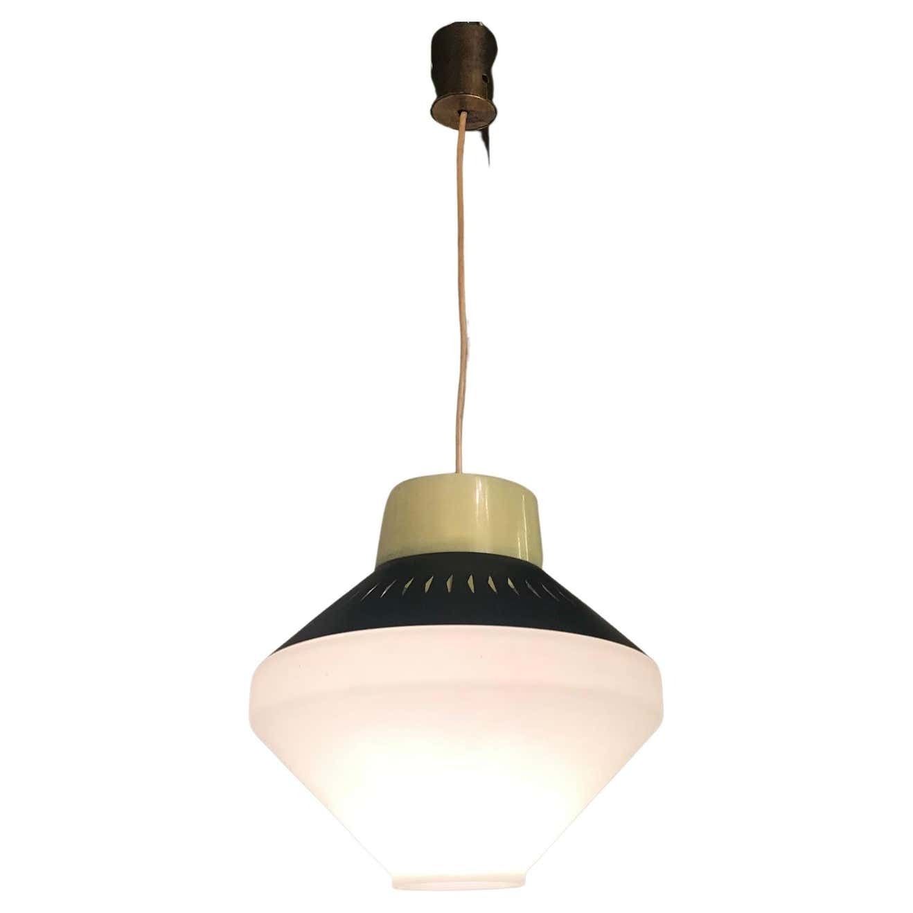 Stilnovo Chandelier Opaline Glass Brass Metal 1955 Italy