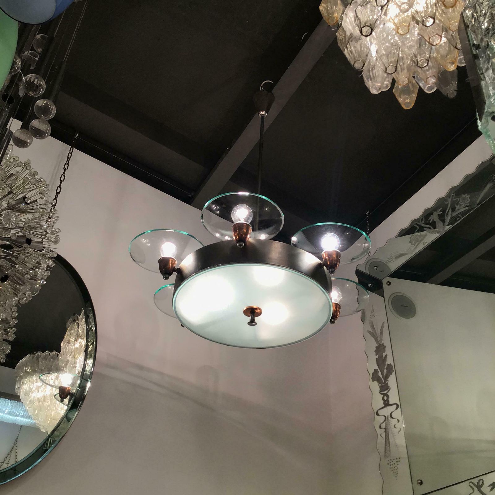 Lighting Pietro Chiesa Fontana Arte Chandelier Glass Copper Crome 1950 Italy photo