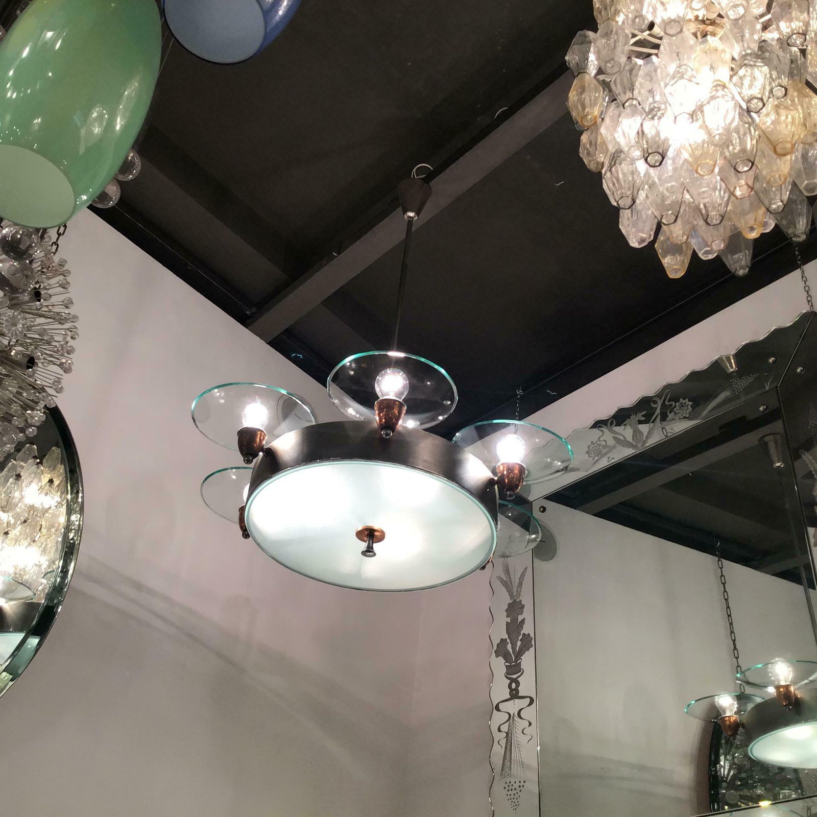 photo buy Pietro Chiesa Fontana Arte Chandelier Glass Copper Crome 1950 Italy