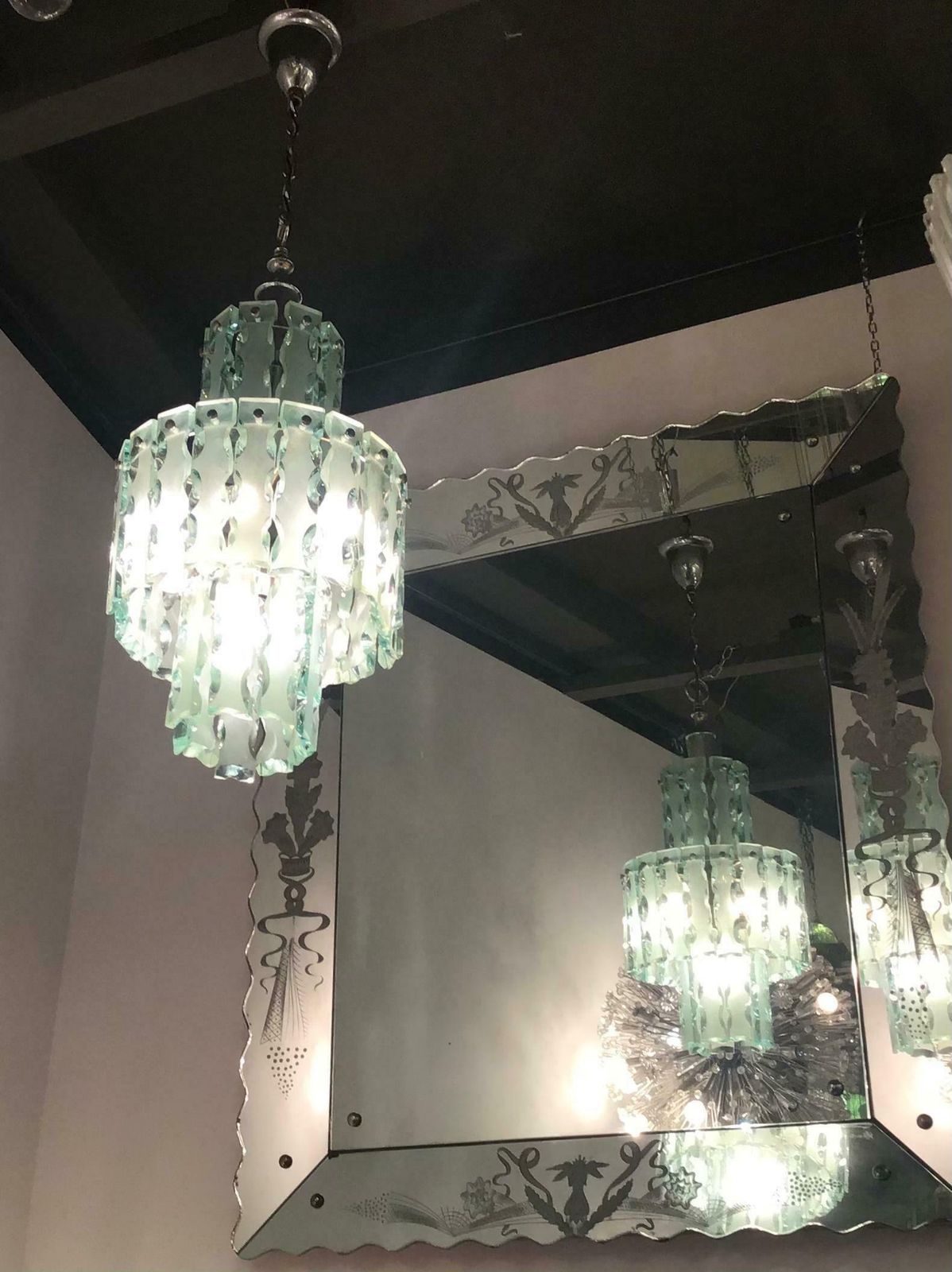 Cristal Arte Chandelier Hammered Glass Nickel Plated Brass, 1955, Italy photo Lighting