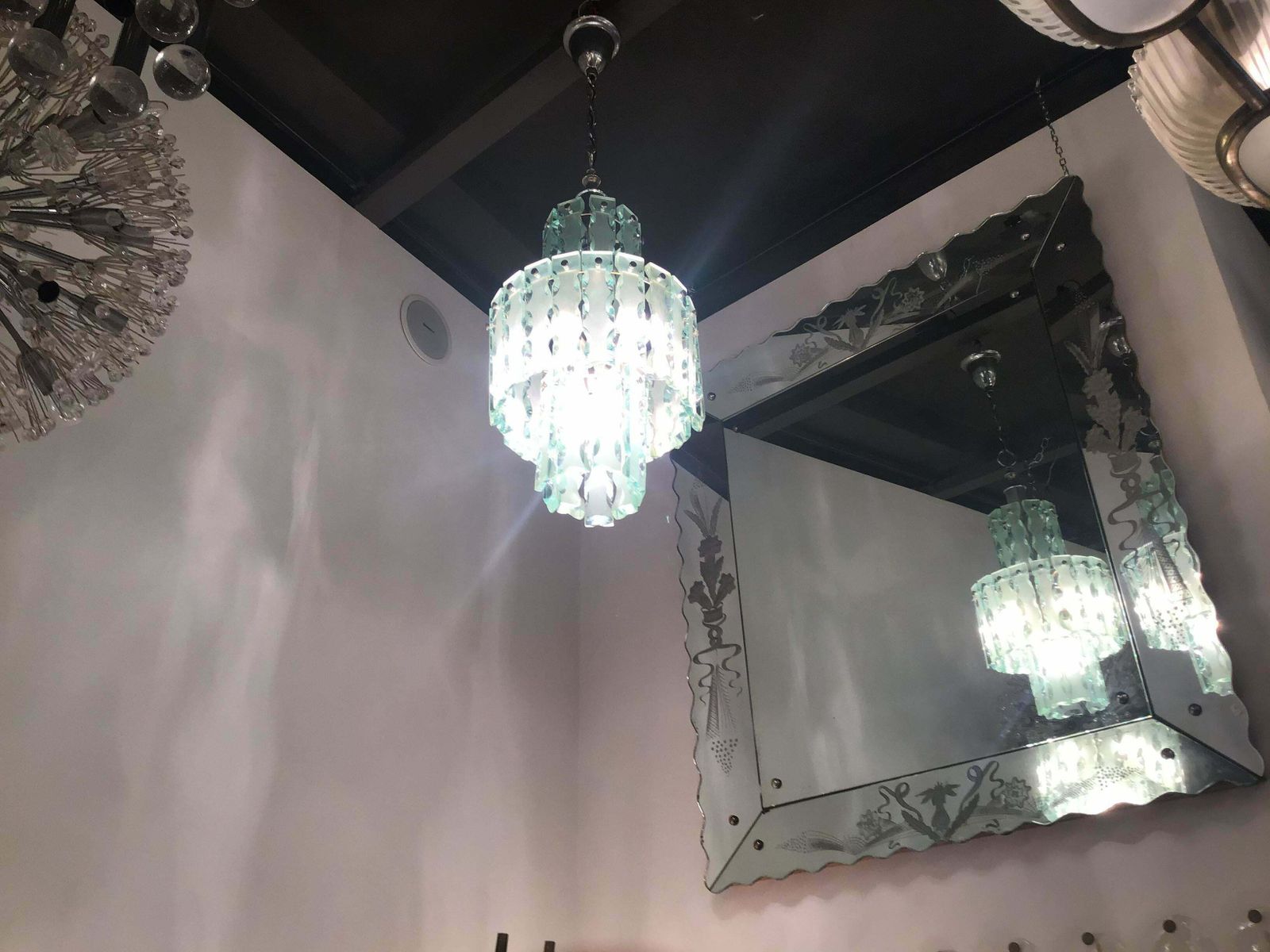 Cristal Arte Chandelier Hammered Glass Nickel Plated Brass, 1955, Italy photo vintage