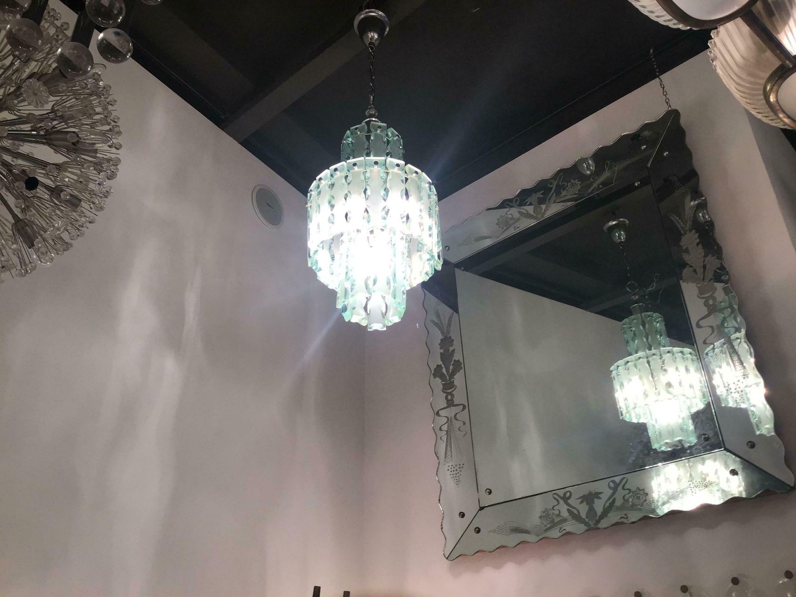 photo furniture Cristal Arte Chandelier Hammered Glass Nickel Plated Brass, 1955, Italy