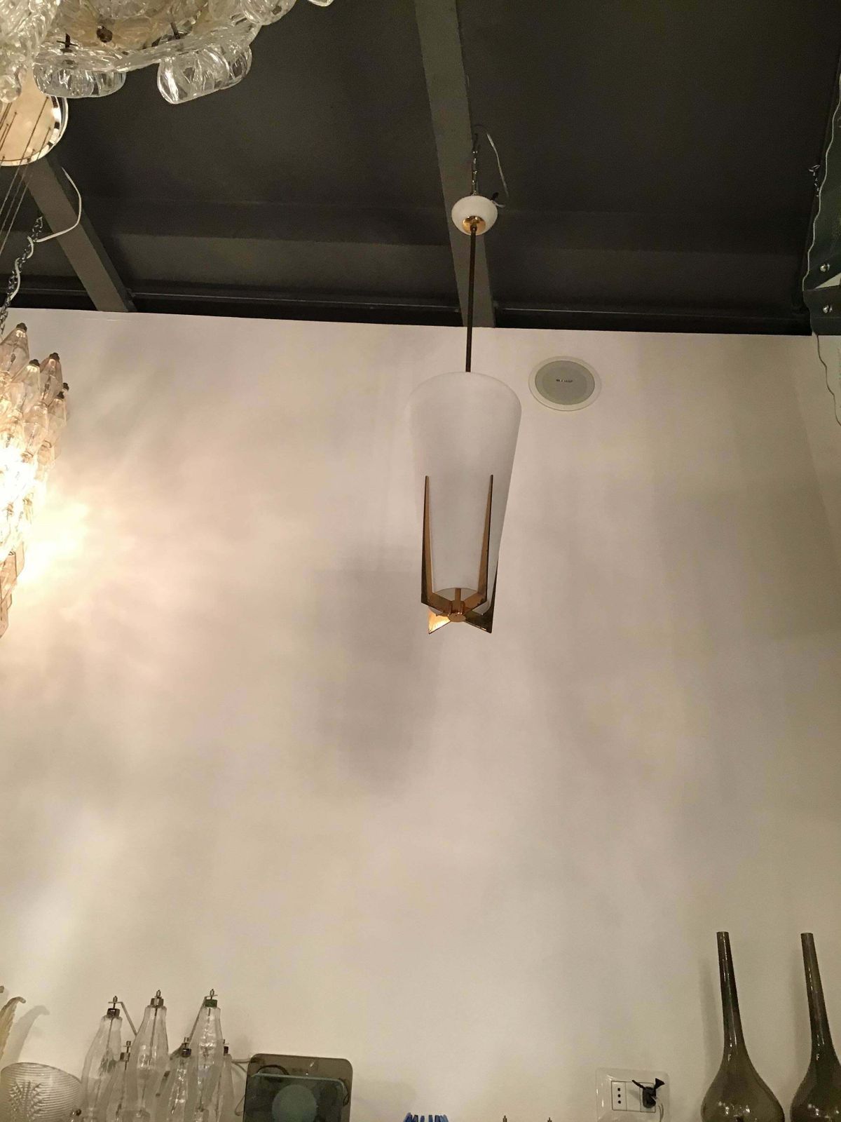 Stilnovo Chandelier Brass Opaline Glass, 1950, Italy photo 4347.0