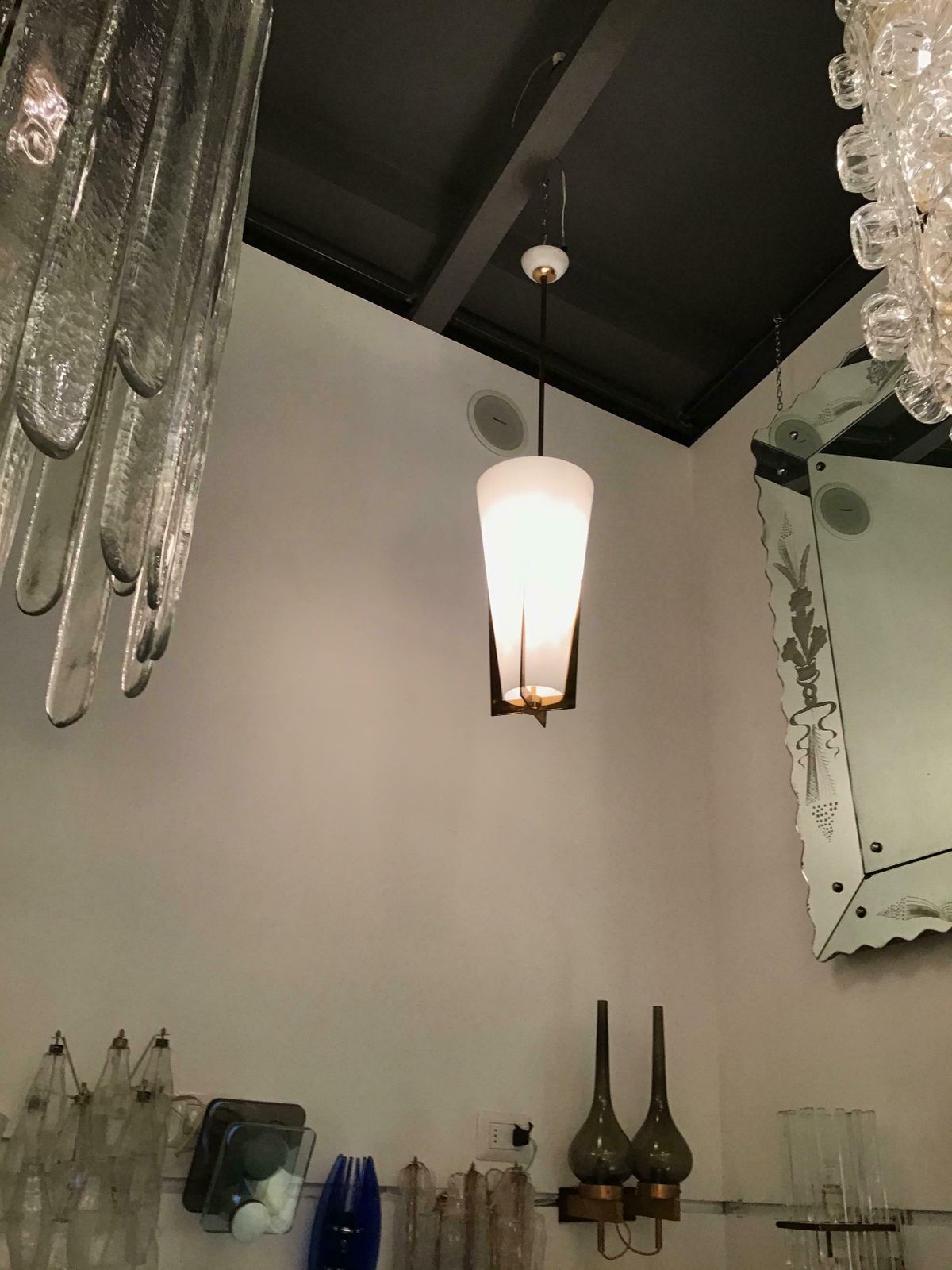 Lighting Stilnovo Chandelier Brass Opaline Glass, 1950, Italy photo