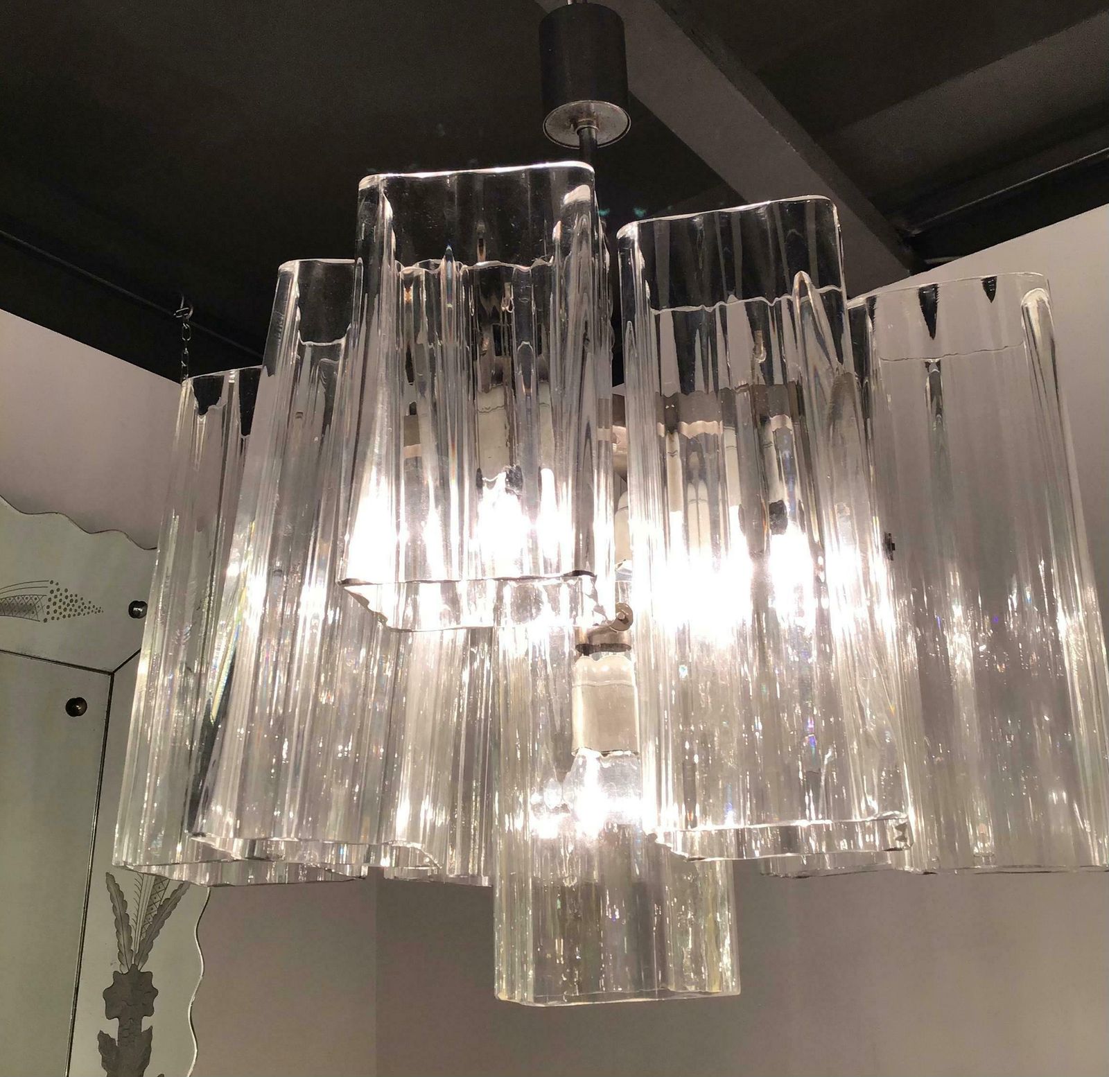Venini Chandelier Murano Glass Iron Metal Crome, 1960, Italy photo for sale