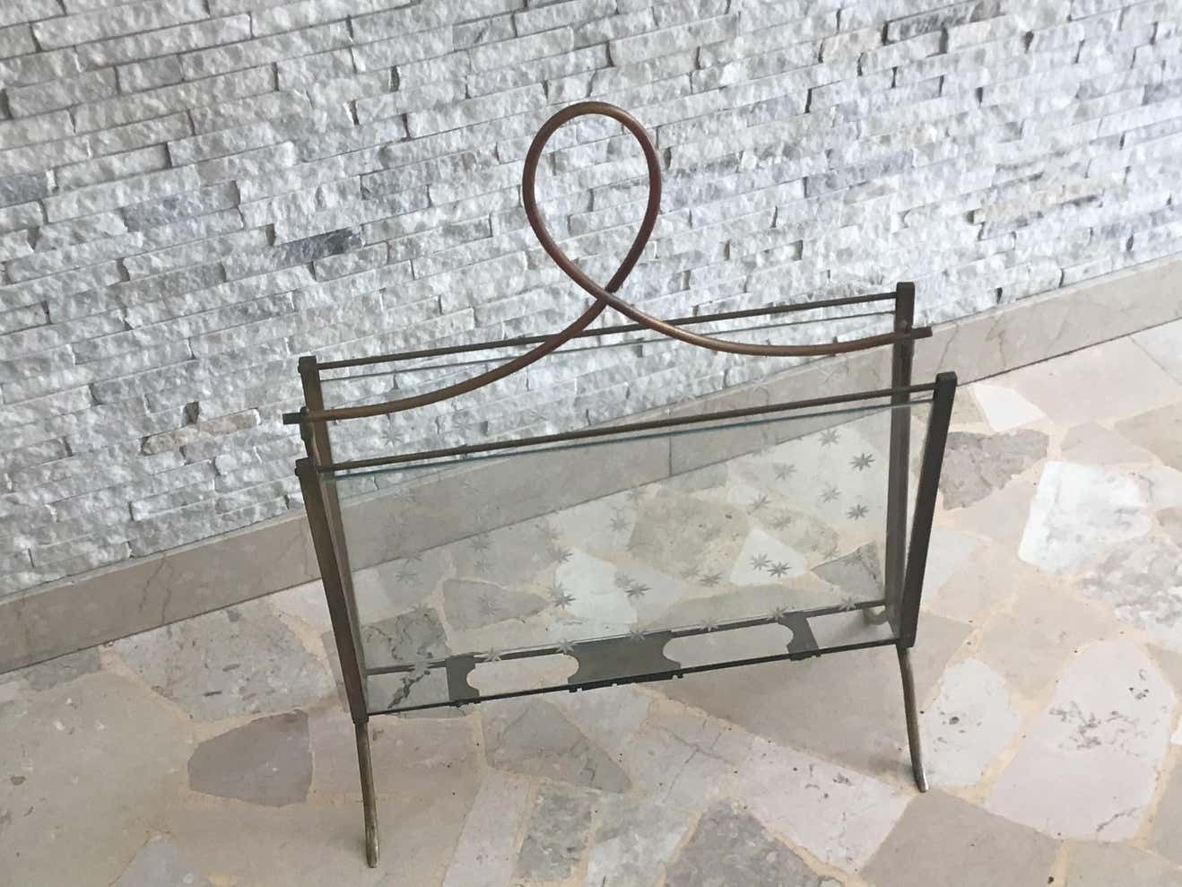 Cristal Art Magazine Holder Brass Glass, 1950, Italy photo Home Decor