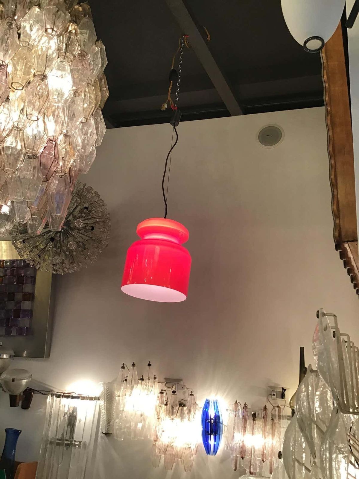 Stilnovo Chandelier Red Opaline Glass Metal Crome, 1965, Italy photo 1630.0