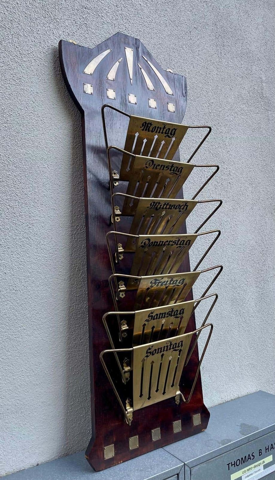 Art Deco Wall Mounted Magazine Rack In Mahogany & Brass, 1920s photo vinterior