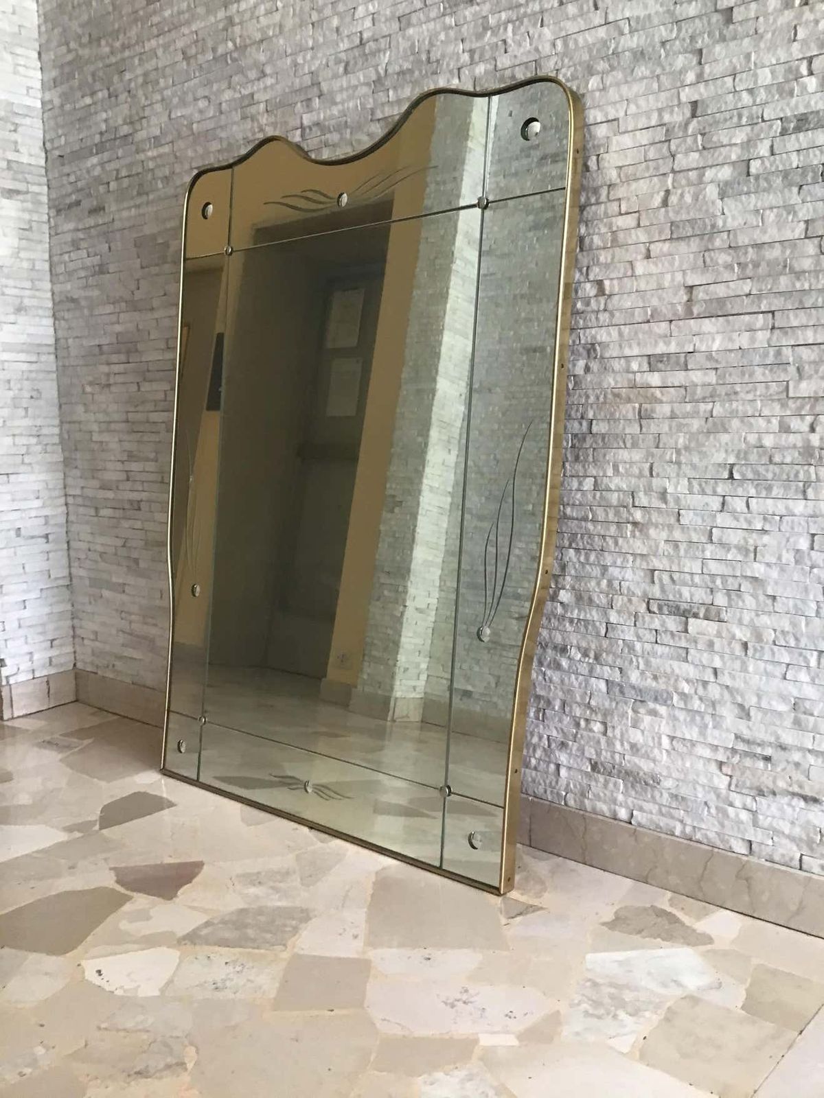 Cristal Art Mirror Brass Wood Glass 1950 Italy photo Home Decor